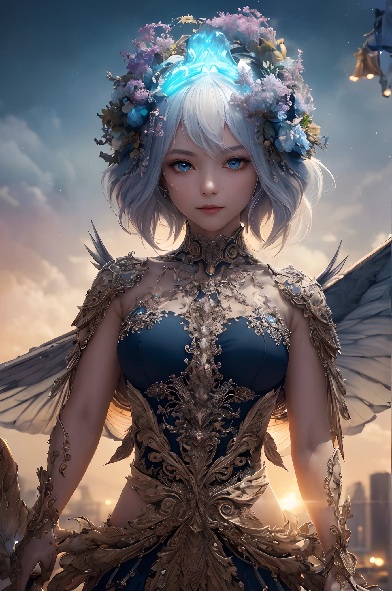 (((masterpiece))), (((best quality))), ((ultra-detailed)), (hyperrealistic), (highly detailed CG illustration), ((an extremely delicate and beautiful)),cinematic light, Create a stunning anime artwork that is currently trending on ArtStation, showcasing exquisite beauty and captivating aesthetics. The art piece should be highly detailed, featuring a compelling character and a visually appealing environment. The character in the artwork is a graceful and enchanting figure, radiating an aura of elegance. Pay close attention to intricate facial features, such as mesmerizing eyes with vibrant colors and delicate shading. The character's clothing should be designed with elaborate patterns, flowing fabrics, and rich textures, reflecting a blend of fantasy and contemporary fashion. Place the character in a captivating environment that enhances the overall appeal of the artwork. It could be a breathtaking natural landscape, a bustling futuristic cityscape, or a mystical realm filled with magical elements. Incorporate vibrant colors, dynamic lighting, and detailed background elements to create a sense of depth and immersion. Consider the latest trends in anime art, such as incorporating unique lighting effects, exploring creative composition techniques, or experimenting with unconventional color palettes. Take inspiration from the top artists on ArtStation and their exceptional execution of various art styles and themes. Camera: Choose an angle that highlights the character's beauty and the immersive environment. Lighting: Utilize atmospheric lighting techniques to create depth and mood. Resolution: Aim for a high-resolution artwork to showcase intricate details and clarity. Art Inspirations: Seek inspiration from the trending artists on ArtStation, exploring different styles, genres, and themes.