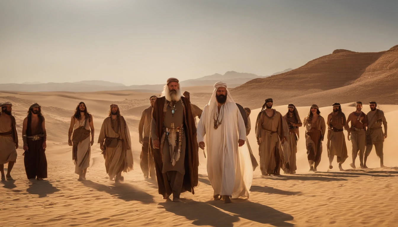 Naked women, and Man with long beard and white beard standing in the desert area, Lead the clan, young nude women Israelis dressed in 36864K movies, still from live action movie, live-action movie scenes, 16384k film, still image from tv series, cinematic Film still from, Film still image, portrait of bedouin d&D, wonderful scene