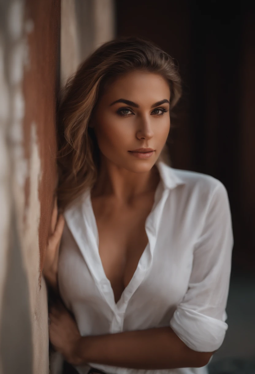 Arafed woman with white shirt, sexy in the street, sans maquillage, maquillage naturel, looking straight at camera, , Great photo of the whole body kneeling on the bed, large bust, sexy