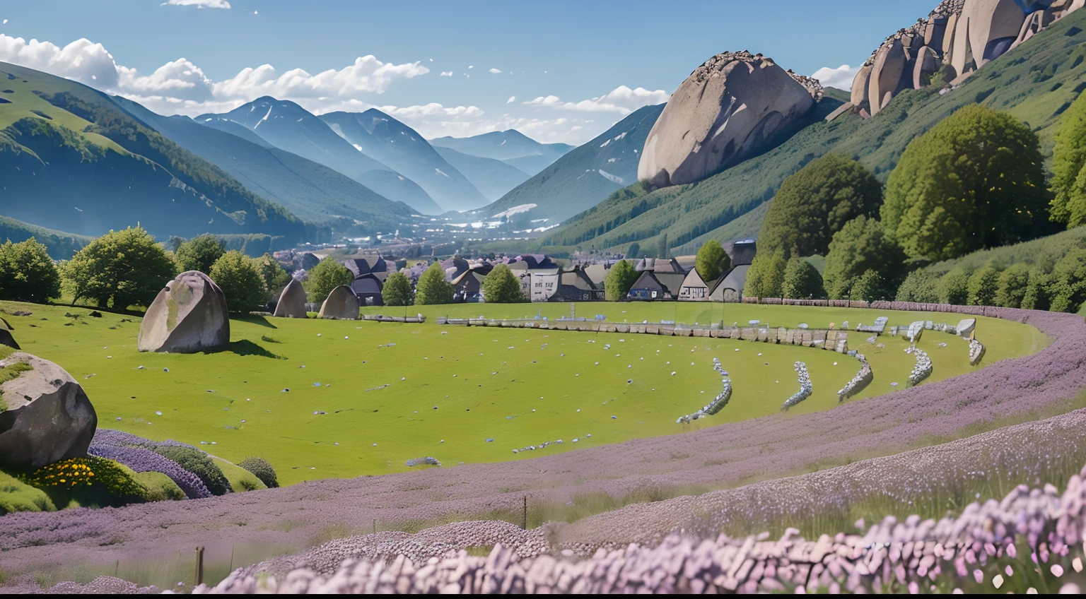 (((Heidelandschaft mit Zypressen, Boulders and Heidschnucken with shepherd)), ((Schafstall,)), (Heather in bloom in summer)