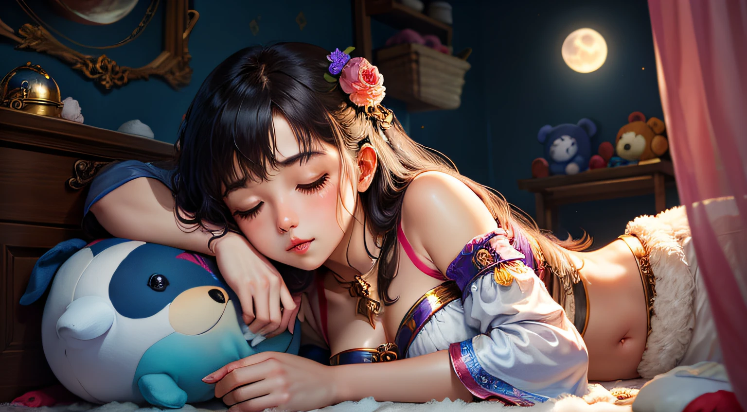 colorful、on badroom、kosmos、Big Moon、realistic、The girl is sleeping、Only one stuffed animal、超A high resolution