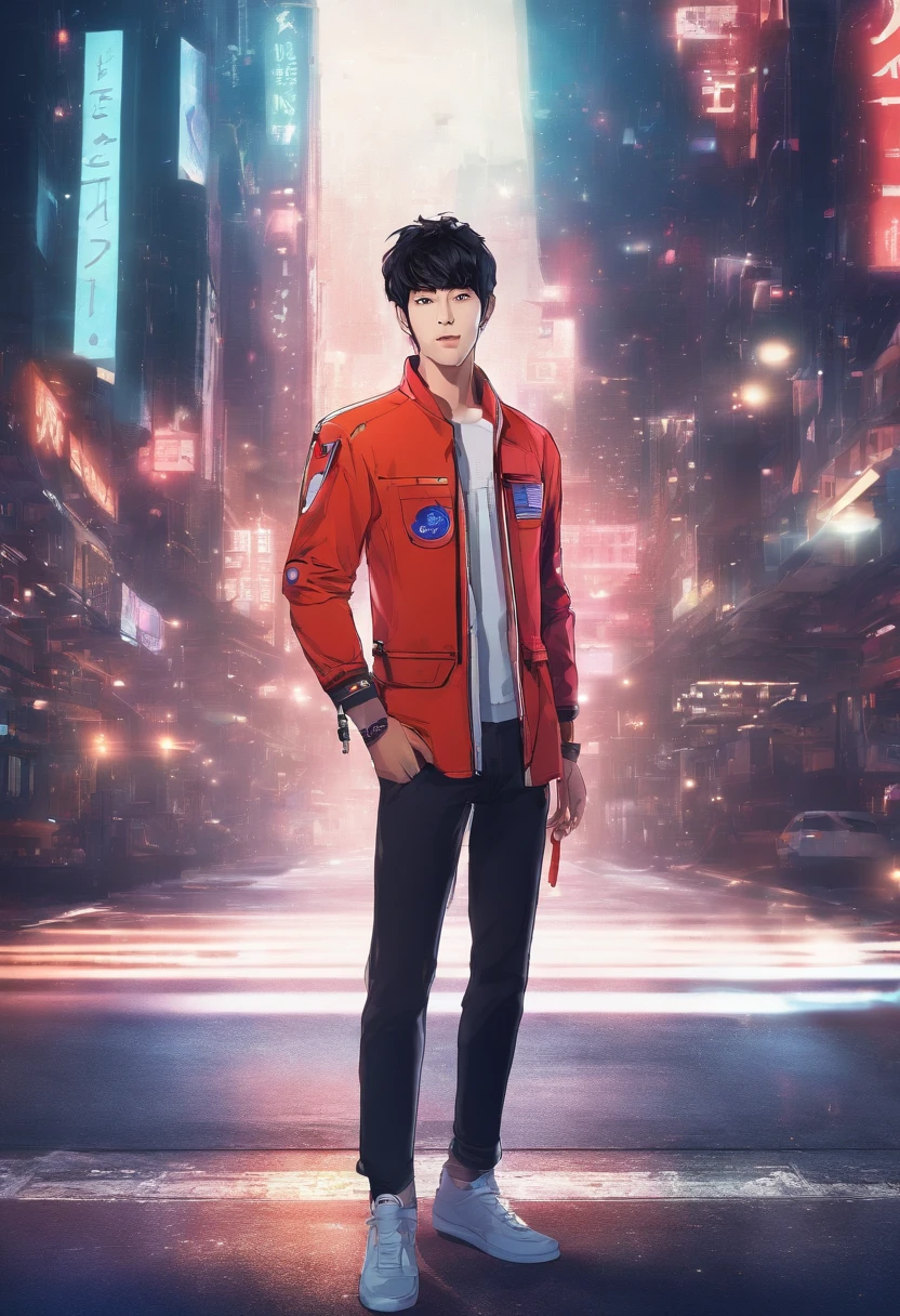 A Korean handsome guy, transformed into an anime style, with exaggerated unique facial features and clothing, standing on a bustling city street, backlit background highlighting the subject, sun light high-contrast colors, 4K high-definition quality,young, smiling, handsome