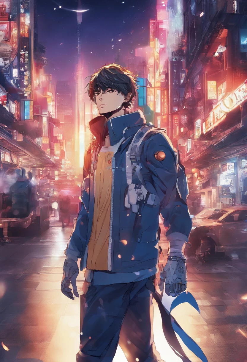 A Korean handsome guy, transformed into an anime style, with exaggerated unique facial features and clothing, standing on a bustling city street, backlit background highlighting the subject, sun light high-contrast colors, 4K high-definition quality,young, smiling, handsome