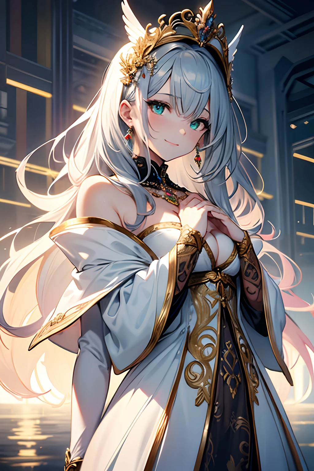 ((Masterpeace)),((ultra high res)), ((best quality)), ((all detailed)),((extremely detailed)),illustration,((RAW photo)),(((intricate detailed))),

super fucking beautiful, angel,white angel costume,depthoffield, realistic, photorealistic, overlook view, from_below, mysterious, flat chest, girl,woman,female, young,25 years old, long hair, wavy hair, bangs, eyes visible through hair, grey hair, Iridescence and rainbow hair, detailed beautiful face,thin eyebrows, complex details beautiful and delicate eyes, closed_mouth,to smile,delicate hands, medium_breasts,detailed green eyes, pale skin, delicate gold metal decorations, Iridescent Gem Headwear, earrings, Beautifully gorgeous necklace, angel wing, white_gloves, floating magic ball, boots, white Clothes, floating palaces, surreal, mist-shrouded, gradient,