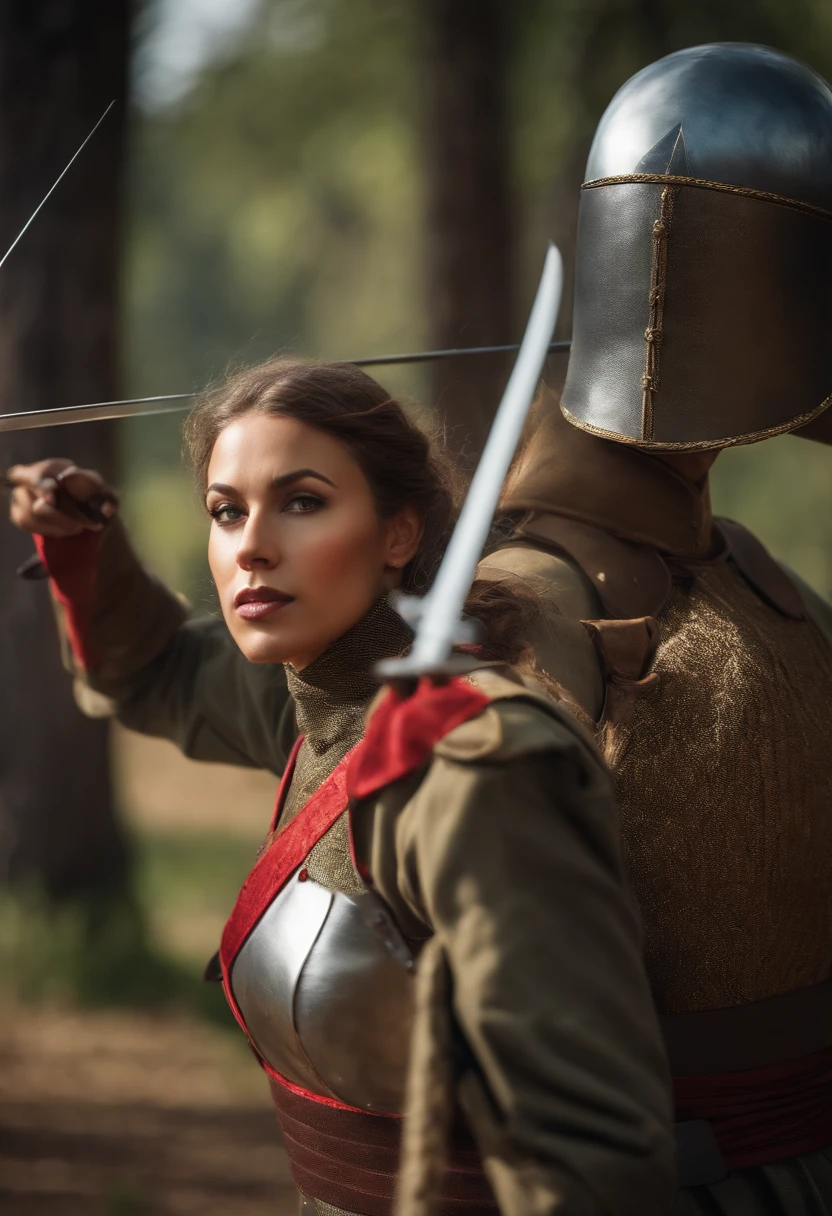 woman sword fencing with a soldier