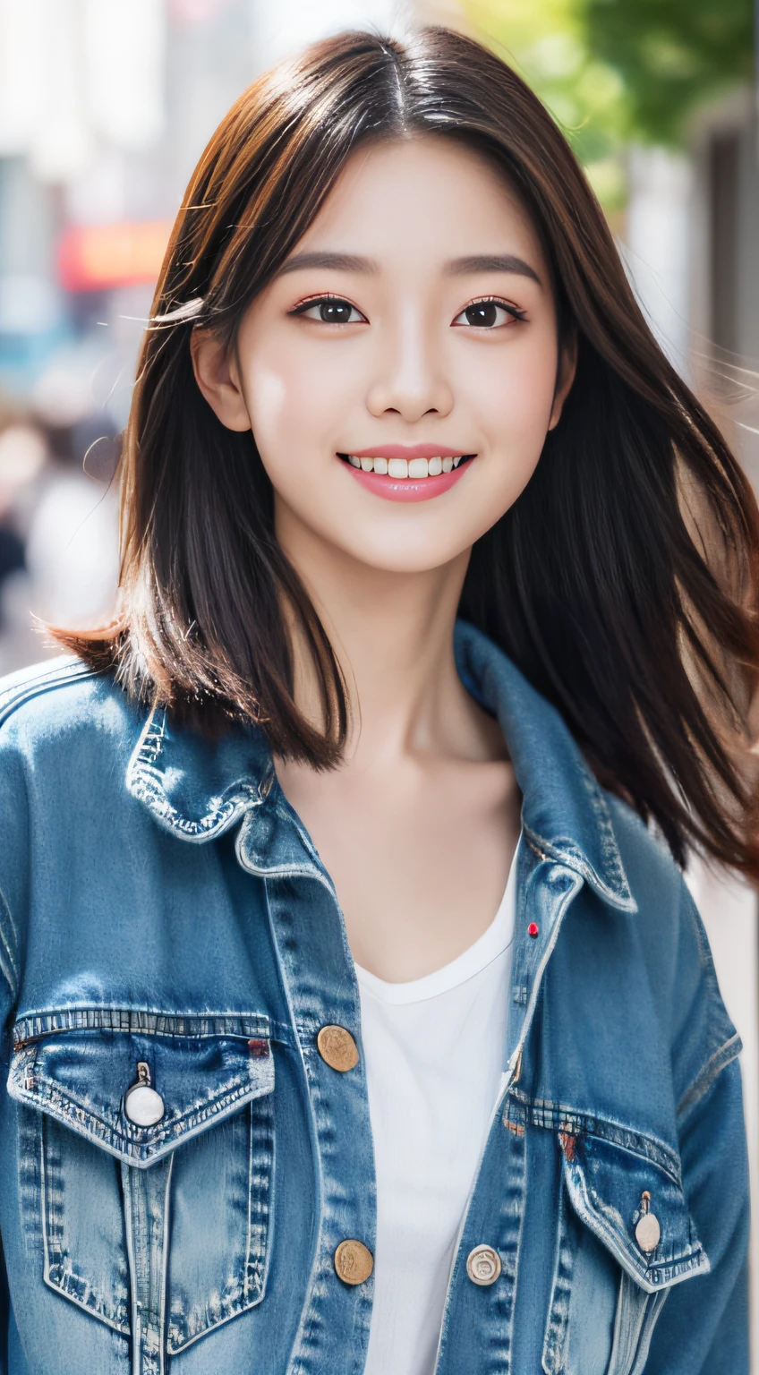 Best quality、illustration、 ultra - detailed、A high resolution、8K wallpapers、Perfect dynamic composition,、Beautiful detailed eyes、Medium hair、Natural color lips、Smile、Harajuku、20 years girl、Look at the sexy shots of the lens、Denim jacket