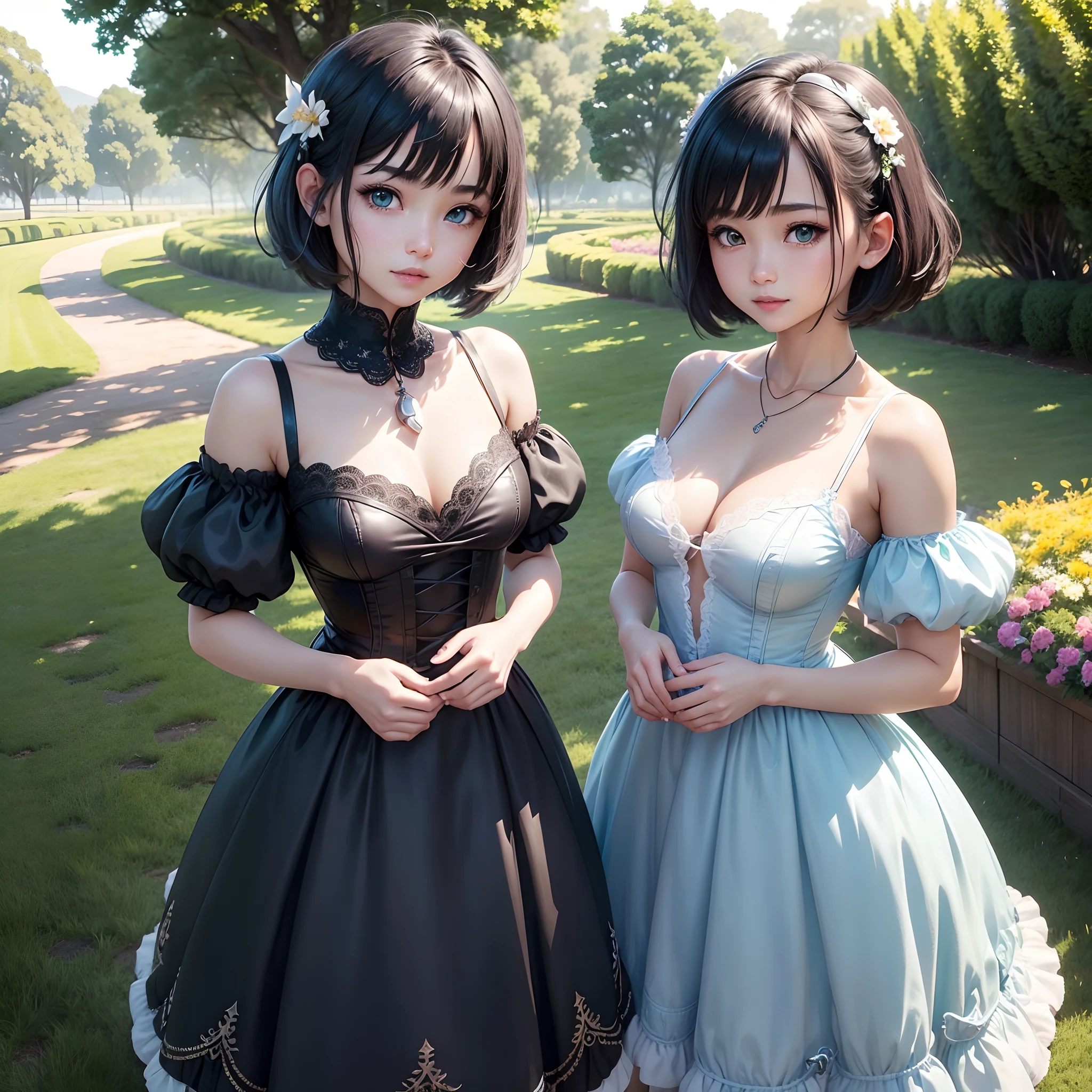 asterpiece、top-quality、16K、8K、4K、hight resolution、ultra-detailliert、extremely detailed eye and face、Pure black skin、skin tanned、skin tanned、1girl in、cute little、short dark hair、Bob cut hair、bangss、Pointed hair between the eyes、the wind、Ultra-detailed green eyes、Puffy eyes、long eyeslashes、drooing eyes、BREAK、(Detailed pale blue Dean Dol:1.Dressed in 2)、(frilld、Ren Hao:1.2)、 corsets, Maid Gloves, a necklace, Head Leasing, Big smile, Upper teeth, happiness, dynamic ungle, The upper part of the body, (cowboy  shot:1.2), the pose, Have sweet potatoes，break, dusk sky, Sunset sky,​​clouds, Under the sun, beautifully daylight, lensflare, Beautiful countryside scenery, mont, Wheatfield garden,