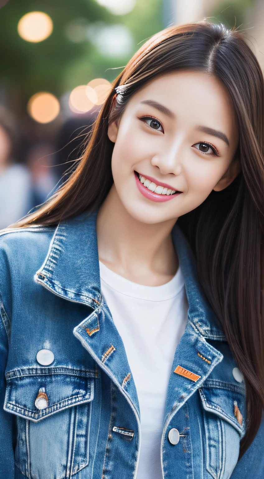 Best quality、illustration、 ultra - detailed、A high resolution、8K wallpapers、Perfect dynamic composition,、Beautiful detailed eyes、Medium hair、Natural color lips、Smile、Harajuku、20 years girl、Look at the sexy shots of the lens、Denim jacket