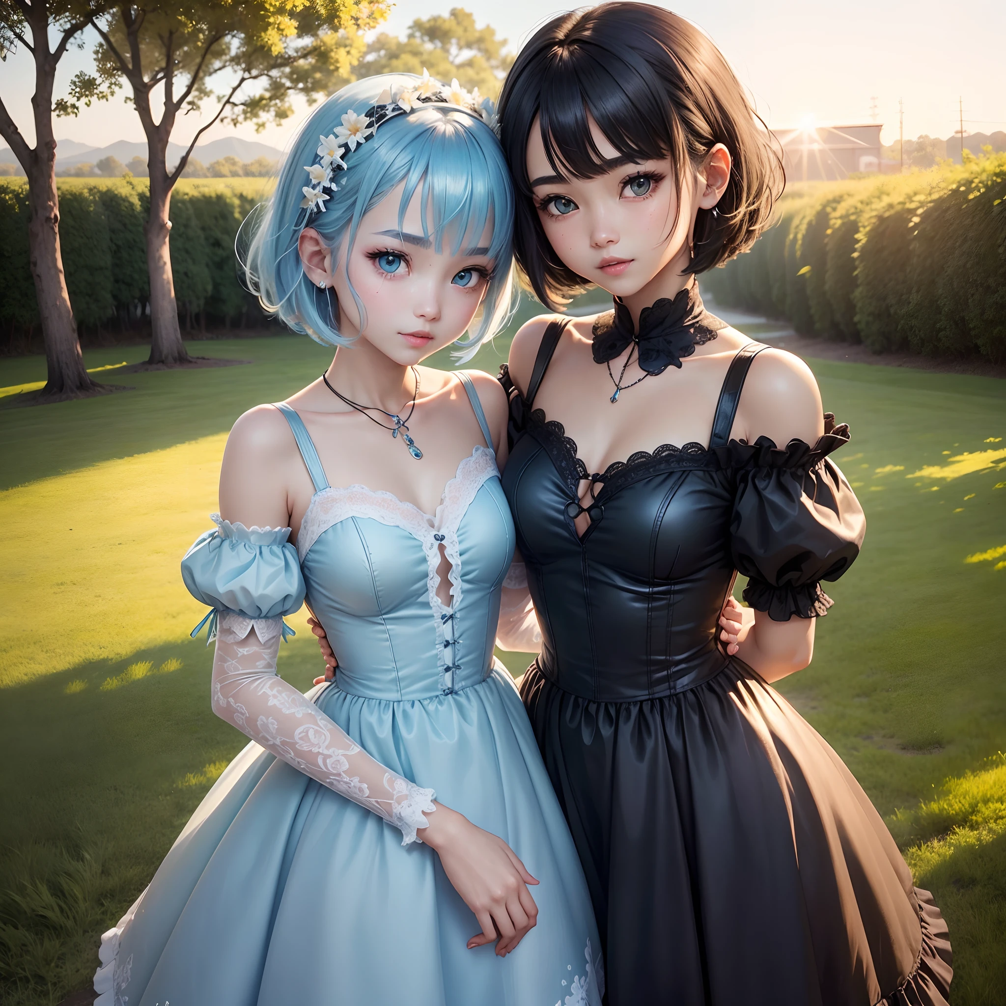 asterpiece、top-quality、16K、8K、4K、hight resolution、ultra-detailliert、extremely detailed eye and face、Pure black skin、skin tanned、skin tanned、1girl in、cute little、short dark hair、Bob cut hair、bangss、Pointed hair between the eyes、the wind、Ultra-detailed green eyes、Puffy eyes、long eyeslashes、drooing eyes、BREAK、(Detailed pale blue Dean Dol:1.Dressed in 2)、(frilld、Ren Hao:1.2)、 corsets, Maid Gloves, a necklace, Head Leasing, Big smile, Upper teeth, happiness, dynamic ungle, The upper part of the body, (cowboy shot:1.2), the pose, Have sweet potatoes,break, dusk sky, Sunset sky,clouds, Under the sun, beautifully daylight, lensflare, Beautiful countryside scenery, mont, Wheatfield garden,