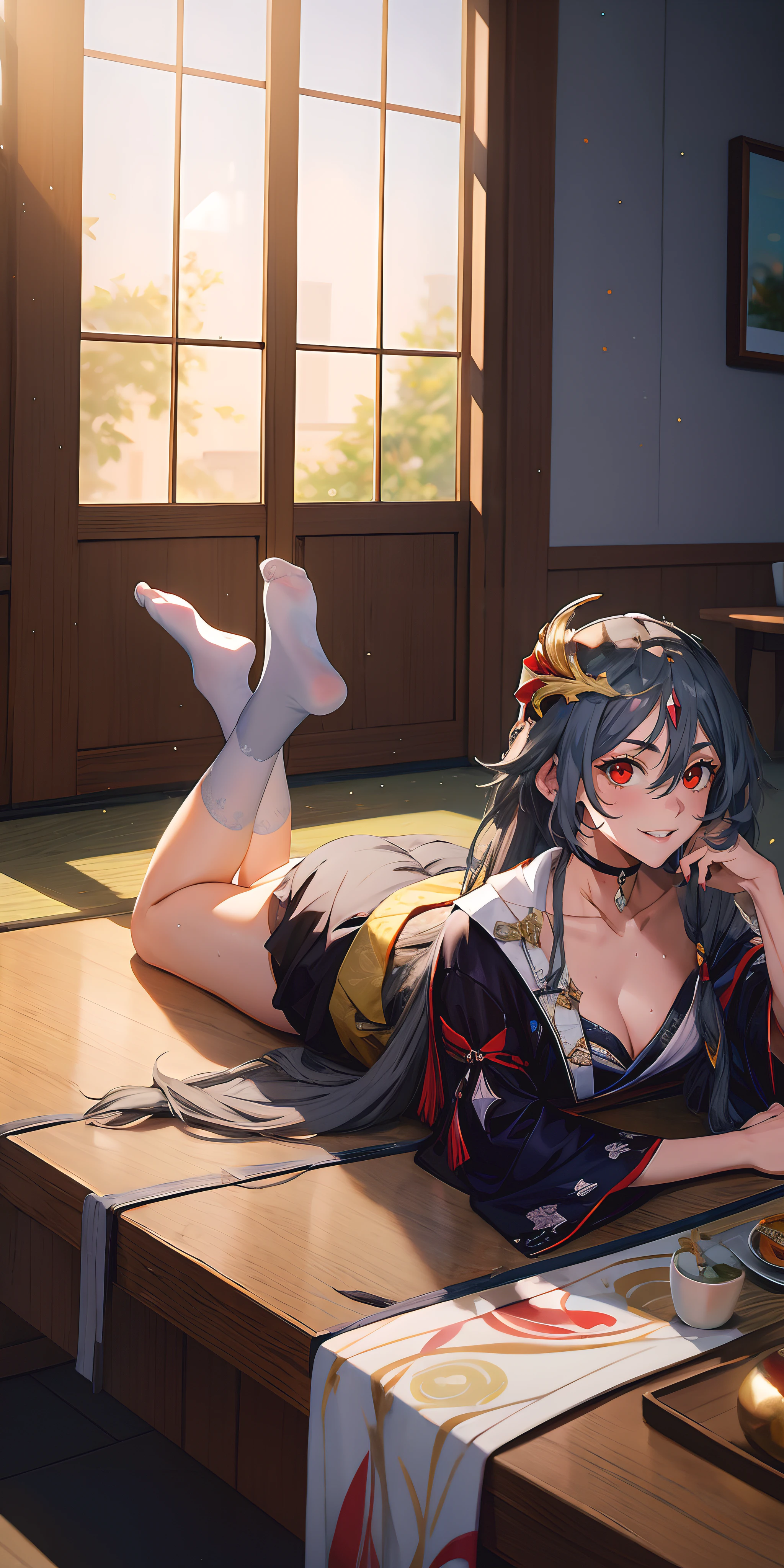 (long hair, hair ornament, grey hair:1.7), multicolored hair, red eyes, glowing eyes, 1girl, breasts, japanese_clothes, cleavage, kimono, large_breasts, lying, white_legwear, solo, on_stomach, blush, looking_at_viewer, indoors, obi, wide_sleeves, choker, smile, tatami, feet, flower, collarbone, sash, ass, socks, short_kimono, legs_up, sweat, glow effects, godrays, Hand drawn, render, 8k, octane render, cinema 4d, blender, dark, atmospheric 4k ultra detailed, cinematic, Sharp focus, big depth of field, Masterpiece, colors, 3d octane render, 4k, concept art, trending on artstation, hyperrealistic, Vivid colors, extremely detailed CG unity 8k wallpaper, trending on CGSociety, Intricate, High Detail, dramatic,