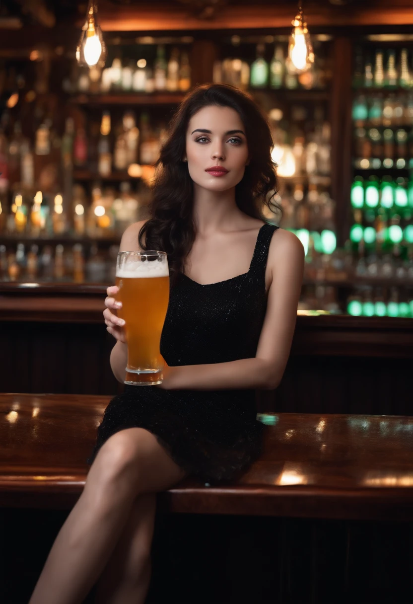 Masterpiece, Realistic, Photorealistic, Ultra Detailed, 8K, RAW photo, Depth of field, Realistic light, cinematic composition, one beautiful woman, sitting in taverna, Depth of field, 35 mm, off shoulder, short skirt, face of Ana de Armas, full-length portrait,  medieval aesthetic, Cute y, pleasure, Depth of field, (focus: 1.2), Detailed face, real pale skin, Slender Eyes, eaiter bringing a beer for her, cinematic composition, real light,  bottles, vine, bread, meat, celebration