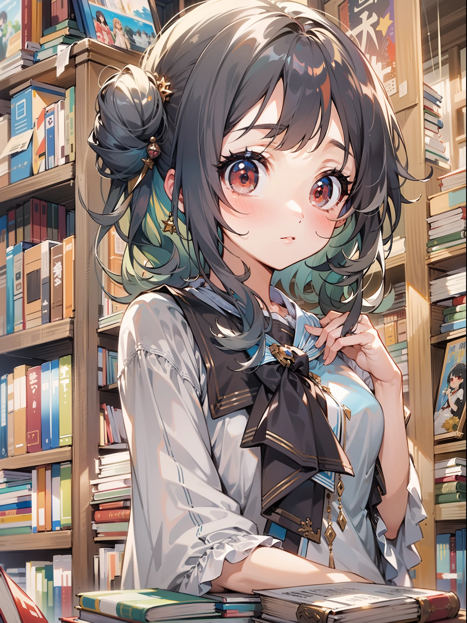 ((masterpiece,best quality))1girl, solo, bookshelf, pile of books, suzuno, indoors, hair ornament, yuina, red eyes,