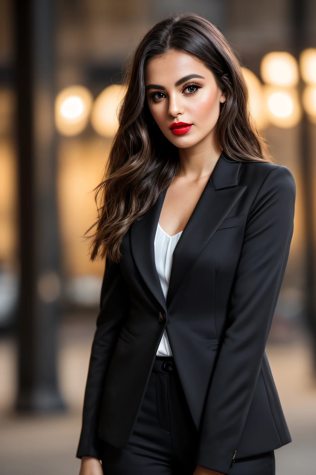 dark and gloomy, 8k, closeup photo of a 30-year-old brunette Brazilian businesswoman dark background at night, (realistic dark brown hair straight and with light waves) , makeup, red lips, brown eyes, (wearing black chanel tailoring blazer, black silk blouse and black straight tailoring pants), looking confidently, hyper realistic, {a girl with extremely beautiful olive skin},  (highly detailed skin: 1.2) {{{masterpiece}}}, realistic texture, dynamic composition, Fujifilm XT2, 85mm F1.2, shutter speed 1/80, (bokeh), high contrast