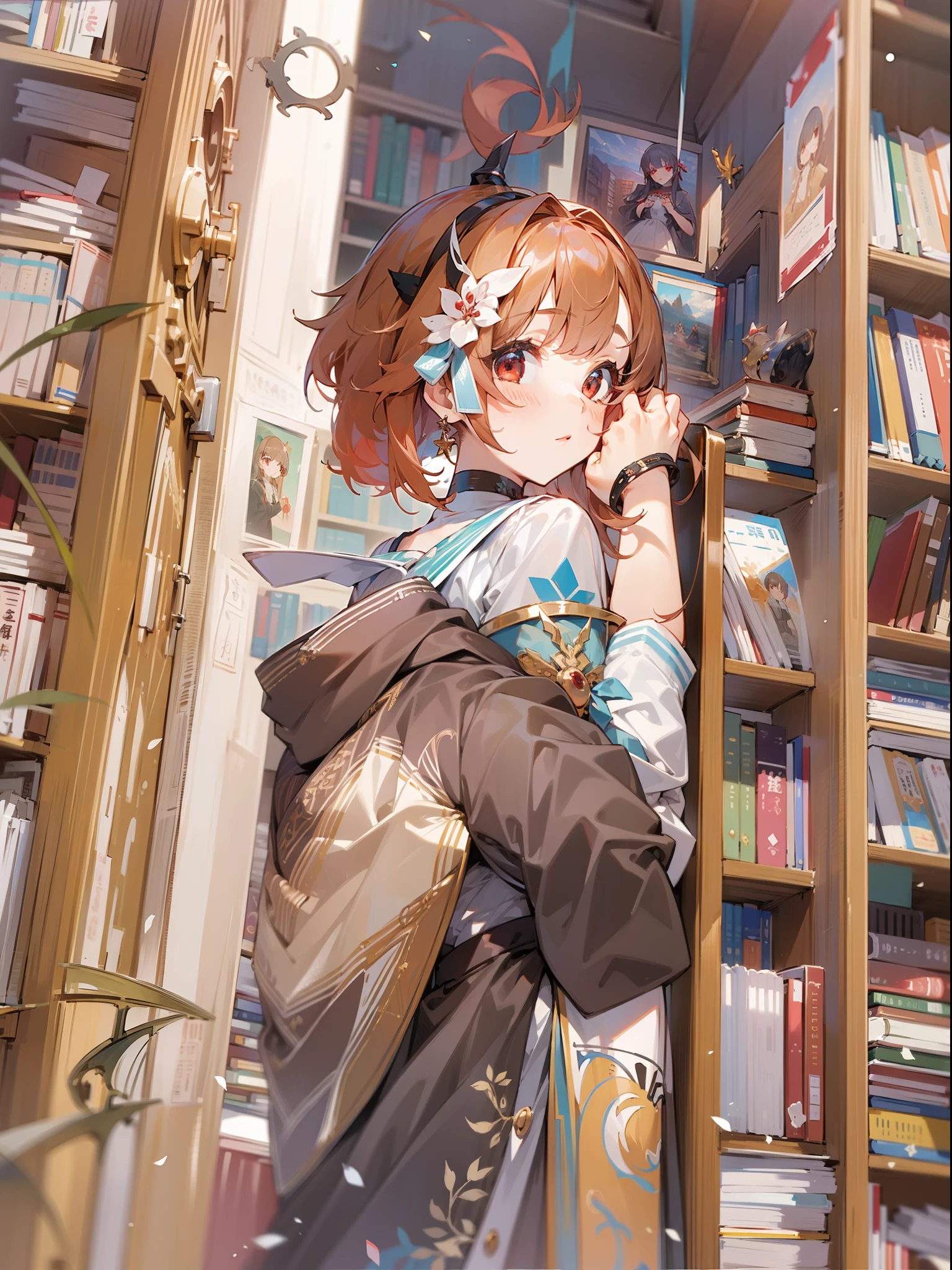 ((masterpiece,best quality))1girl, solo, bookshelf, pile of books, suzuno, indoors, hair ornament, yuina, red eyes,