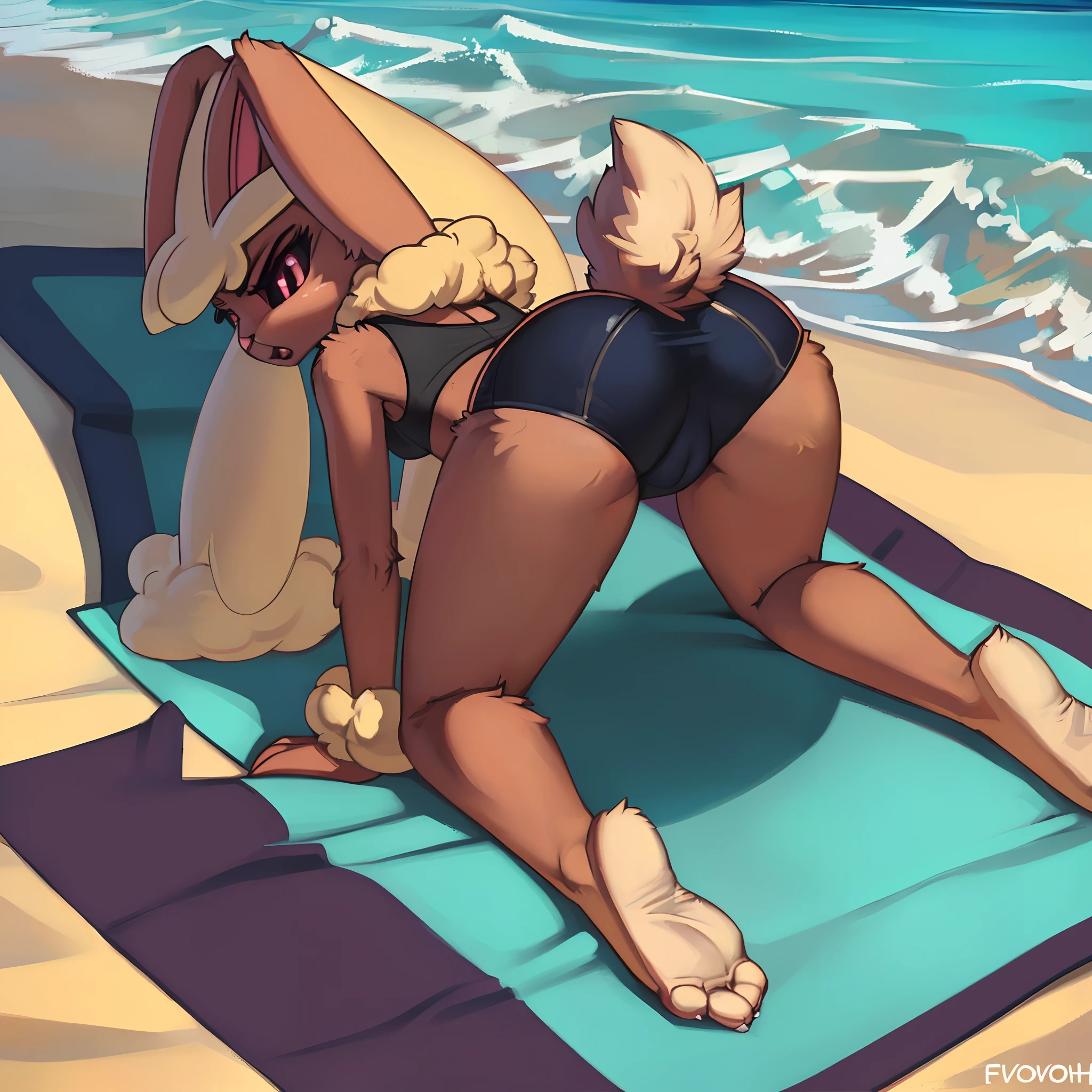 [pokemon; lopunny], [Uploaded to e621.net; (Foxovh), (Pixelsketcher), (mayosplash)], ((masterpiece)), ((HD)), ((High Quality)), ((solo portrait)), ((full body)), ((back view)), ((feet visible)), ((furry; anthro lop bunny girl)), ((detailed fur)), ((cel shading)), ((detailed shading)), ((beautiful render art)), ((cinematic lighting)), {(anthro pokemon; lopunny, brown fur, (long floppy bunny ears), (ears down back like hair), (small fluffy beige rabbit tail), (beige fur on feet), (frown), (angry), (expressionless), (long beige fluffy eyebrows), gorgeous hips, (camel toe)}, {(teal tee shirt), (black spandex yoga shorts)}, {(on beach towel), (on knees), (all fours), (parted legs), (looking back)}, [background; (beach), (beautiful ocean), (blue sky), (sun rays)]