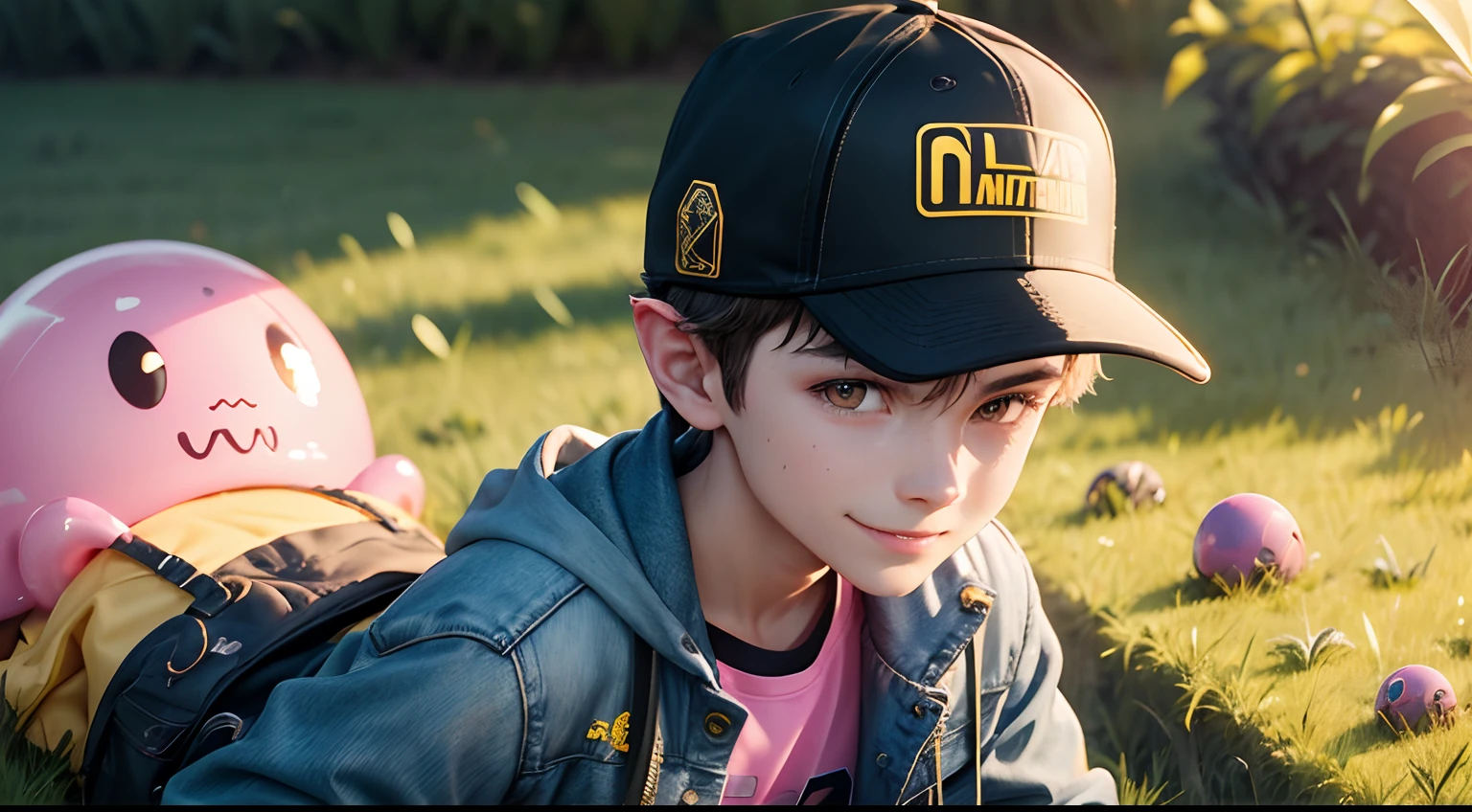 Boy (14 year old), yellow jacket, black skully hat, red backpack, blue jeans, snickers, cool, fun, grass field, sun light, smiling, holding a round pink slime creature with long curved slimy ears (Super cute slime pink, garden),(ultra-detailed,best quality),