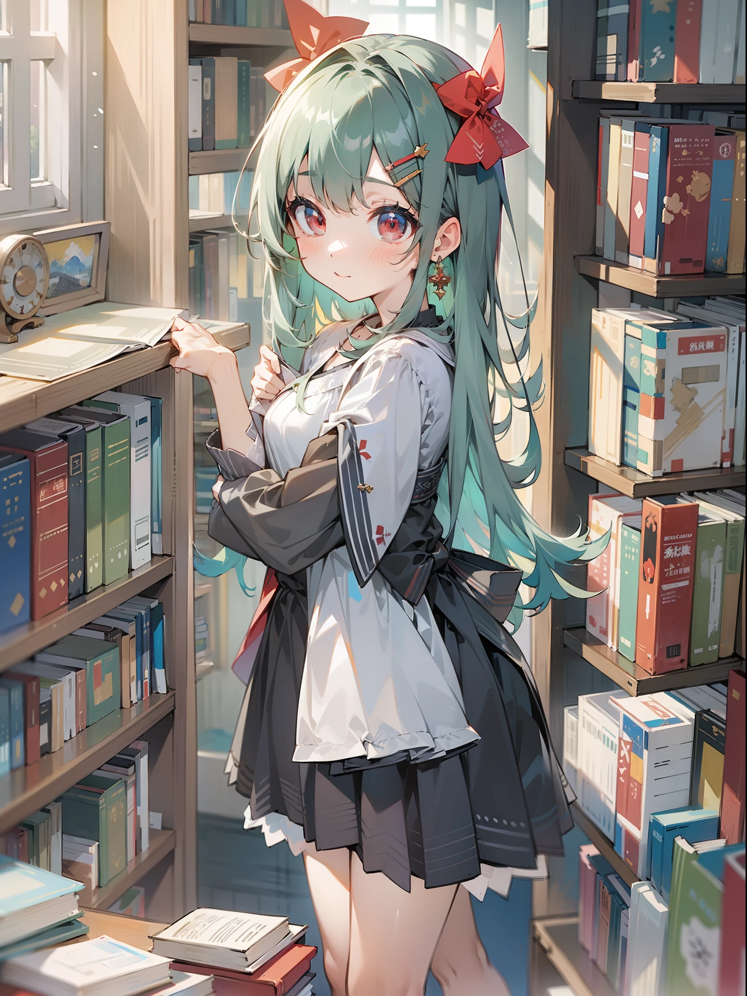 1 girl、Buckshot、Are standing、Blunt Bangs、Long Hair、Twin tails、Green Hair、dress、Frills、indoor、Book棚、Book、scroll、Blurred Background、Book棚のBookを取っている、Stretching back、Angle from below、I can see your underwear