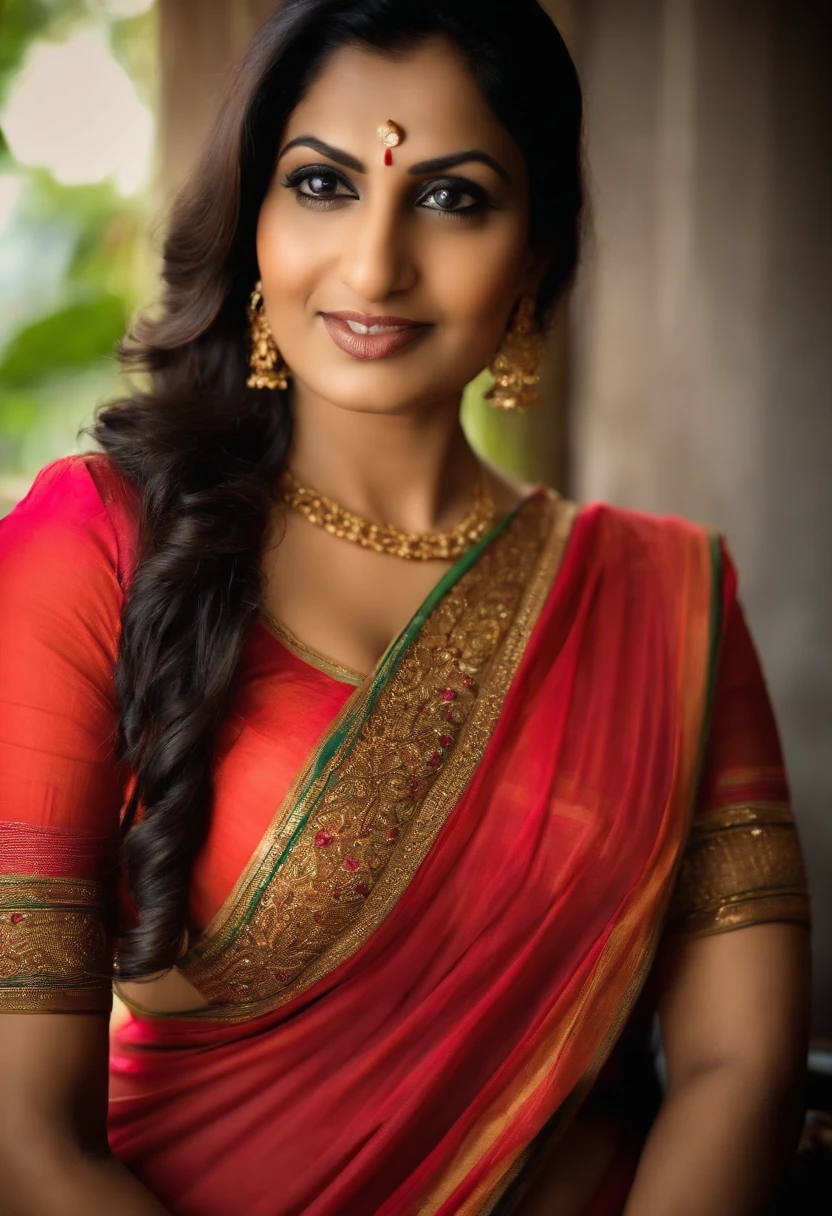 indian adult women , mature look , realistic face, wearing saree with no blouse