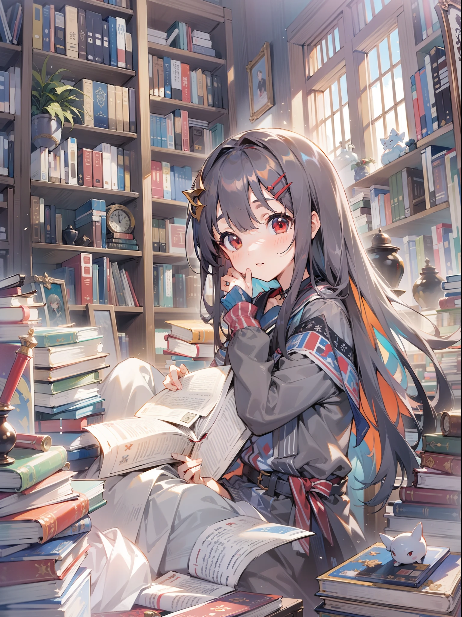 ((masterpiece,best quality))1girl, solo, bookshelf, pile of books, suzuno, indoors, hair ornament, yuina, red eyes,