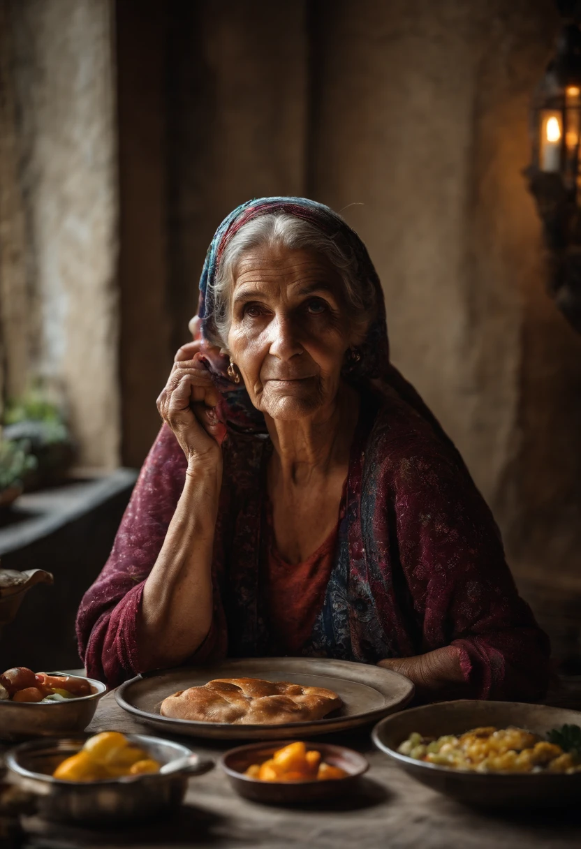 An old mother holding a Moroccan breakfast tray , lunette , les cheveux voilait musulmane