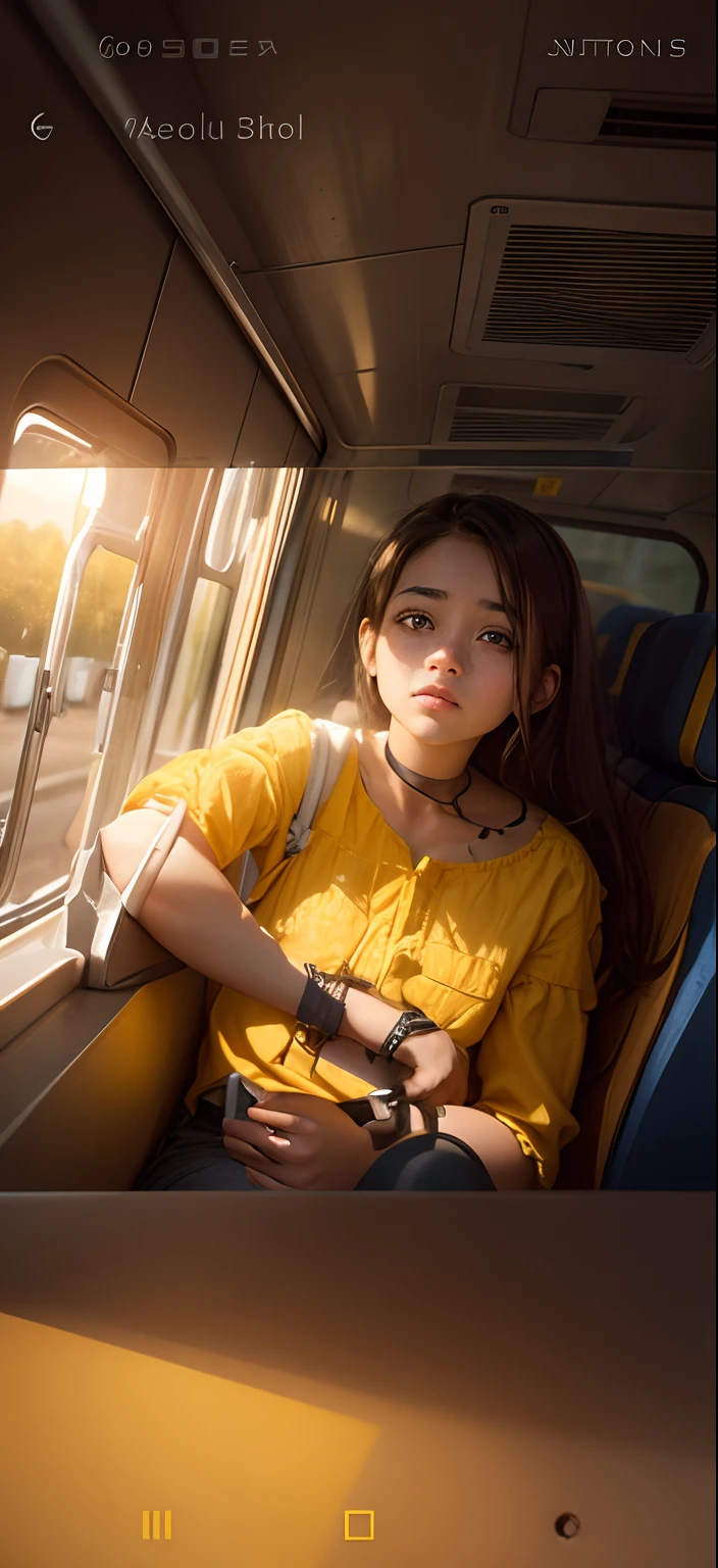 Girl yellow shirt brown eyes small eyes train window sitting hd realistic face