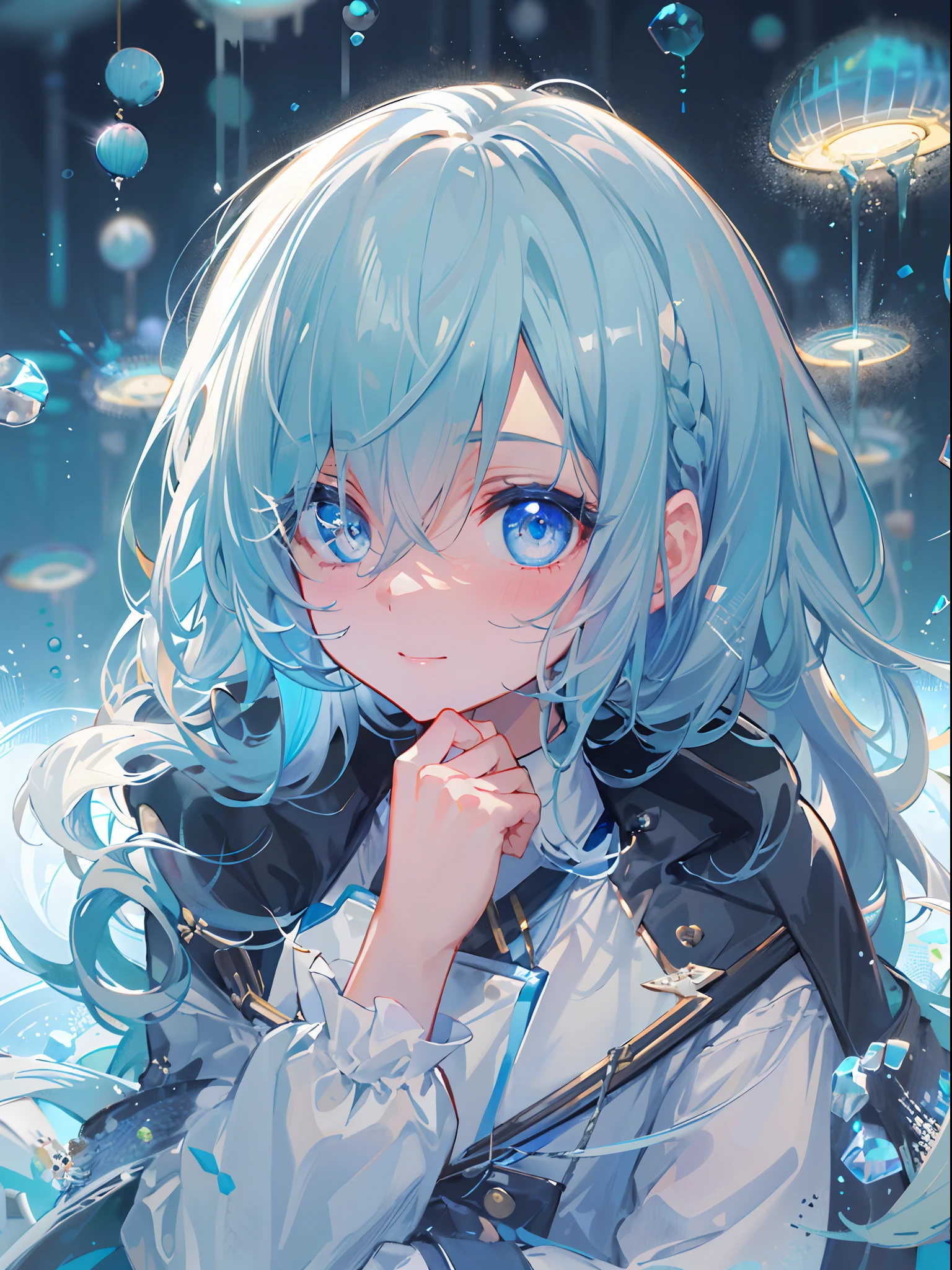 ((top-quality)), ((masterpiece)), ((ultra-detailliert)), (Extremely delicate and beautiful), girl with, 独奏, cold attitude,((Black jacket)),She is very(relax)with the(Settled down)Looks,A dark-haired, depth of fields,Evil smile,Bubble, under the water, Air bubble,bright light blue eyes,inner color with bright gray hair and light blue tips,,,,,Cold background,Bob Hair - Linear Art, shortpants、knee high socks、White uniform like school uniform、Light blue ribbon ties、Clothes are sheer、Hands in pockets、Bright eyes like sapphire,Fronllesse Blue, A small blue light was floating、Upper Eyes、glass shards