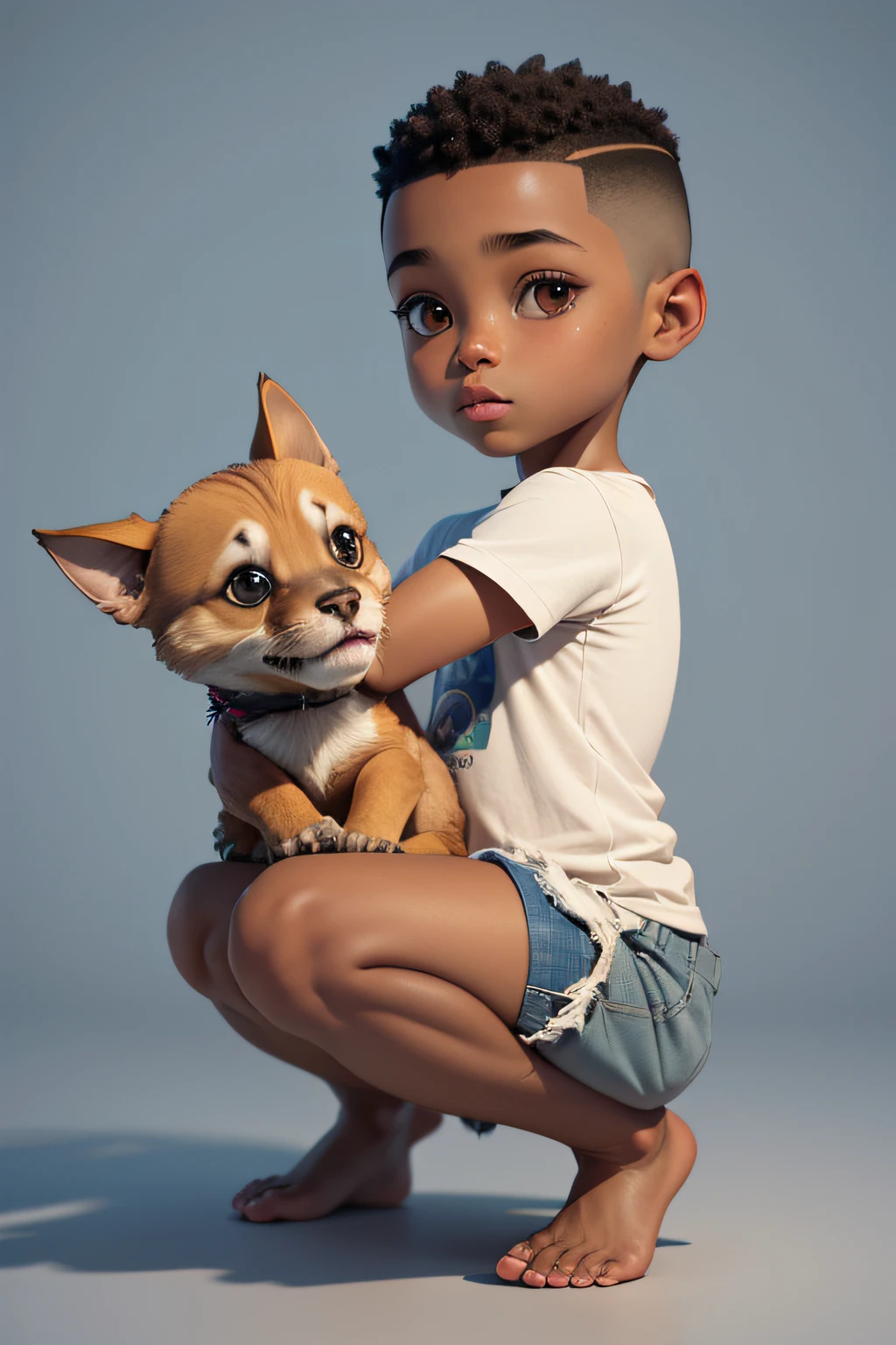 front view of an animated little brown skin boy with low haircut wearing a tshirt character design, petting a dog, full body, drawing a face in maximum quality, high-quality drawing of face, clipart, full illustration, 4k, sharp focus, smooth, soft skin, symmetrical, detailed face, concept art, style fairy tales, chibi kawaii, octane rendering, 3d, perfect face, detailed face, delicate face, perfect sharp lips, detailed eyes,