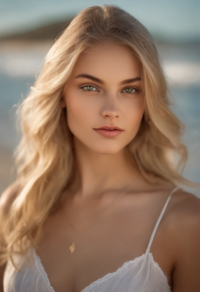 Create realistic photos of an 18-year-old girl with blonde hair, niedliches Gesicht, full entire body, slender body, wohlgeformte Beine, thin ankles, thin waist, Green eyes and big breasts, Sie ist am Strand, sonnenbrille