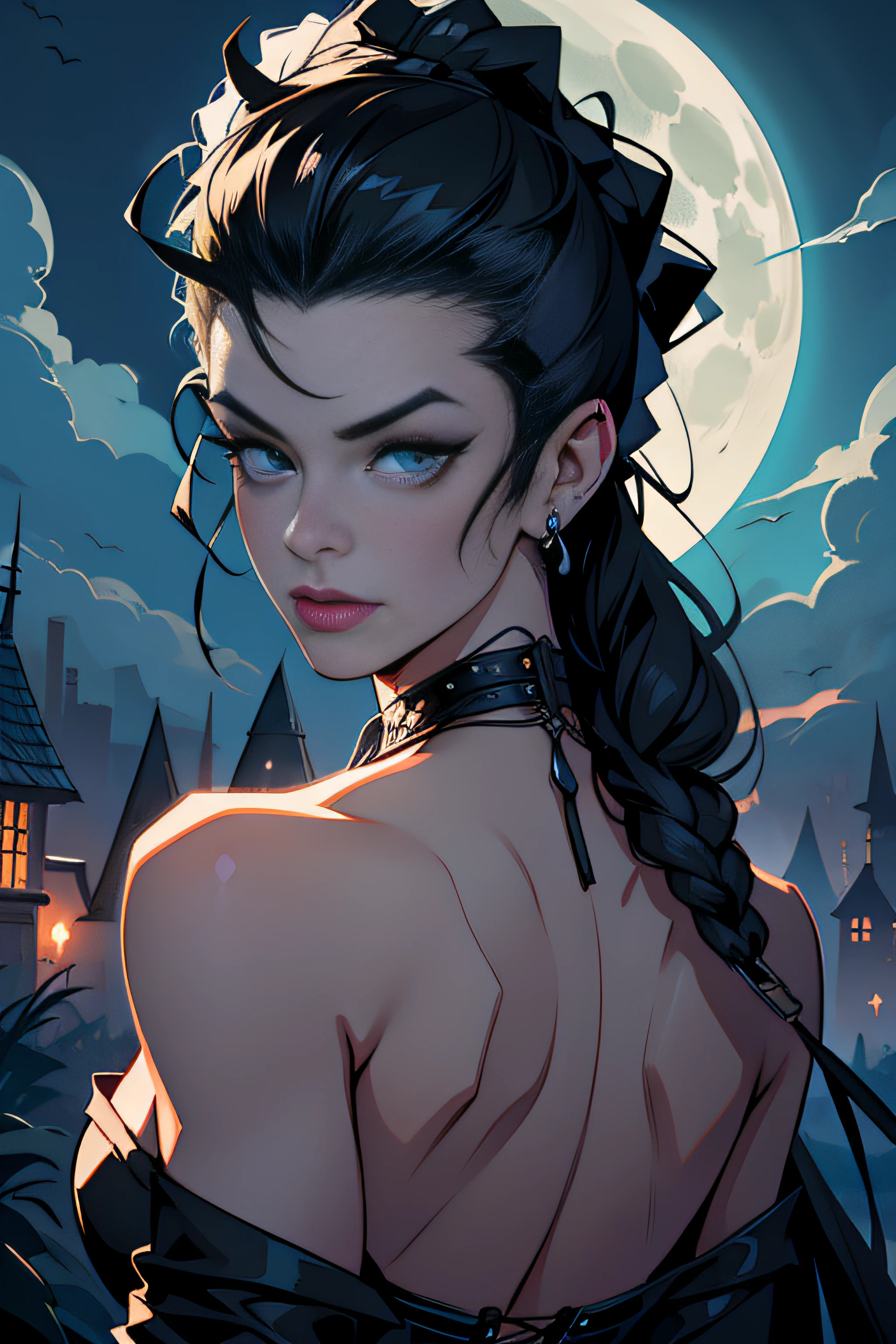 (Masterpiece, Best Quality), 8k Wallpaper, highly detailed, sexy bride of frankenstein, dr frankenstein, castel, night, moonlight, vector style art, ??????, movie poster style, lettering.