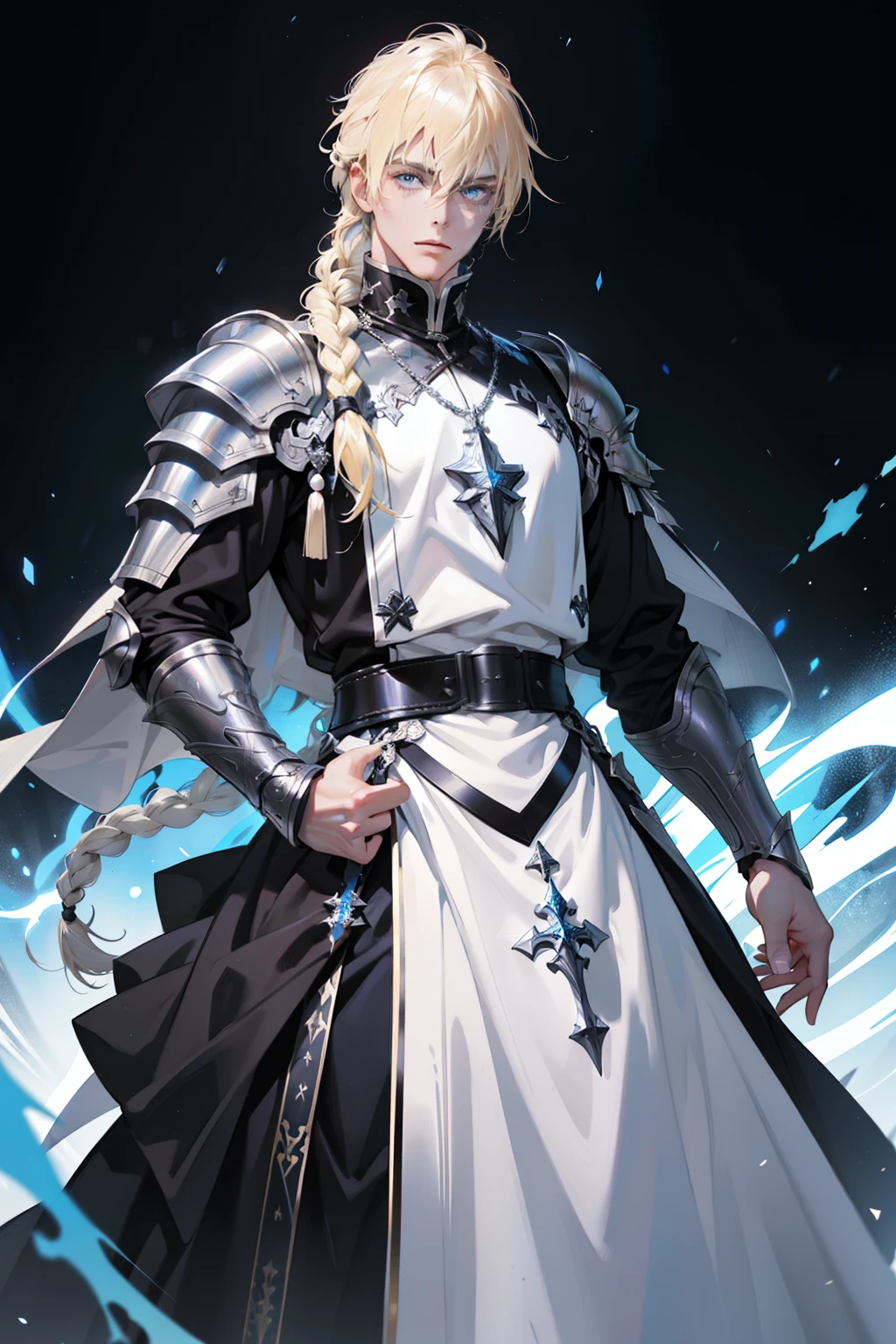 male knight,blond hairbl,One side twisted braid,By bangs,hair between eye,holy paladin,Black and white clothing,Capable and elegant,Religious dress,Wears silver armor,goth style。Western fantasy style,Concise background。Concise background,Masterpiece, mistic, aethereal,Blue light particles,color difference