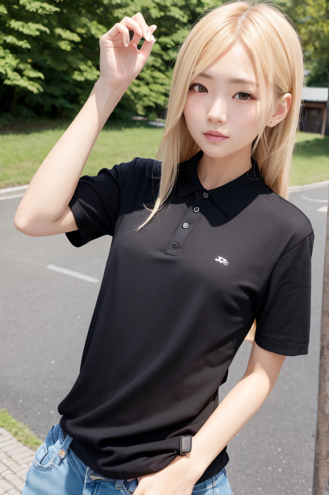 8K, realphoto, japanese, Outside, Small breasts, Sunshine, Blonde hair, Black polo shirt,