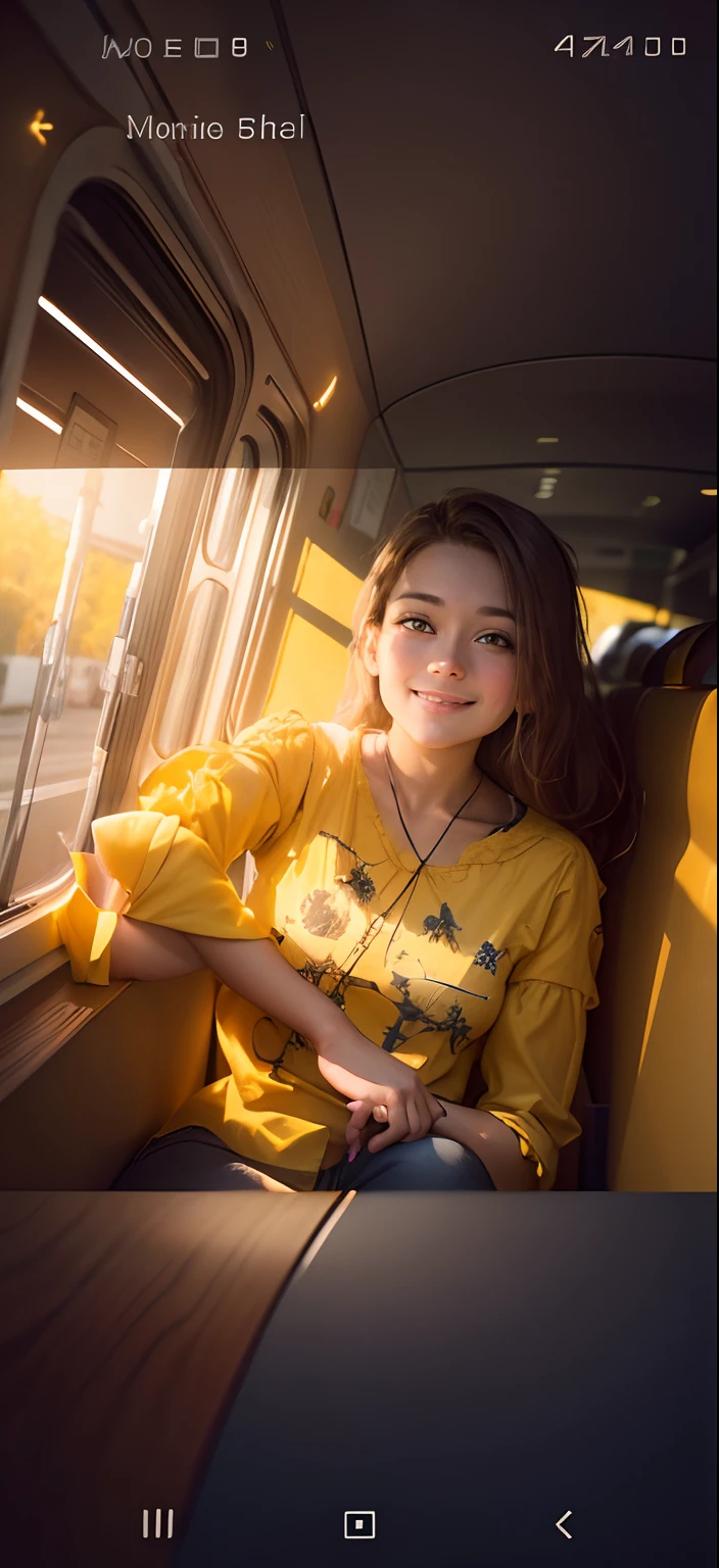 Yellow shirt girl smiling face train window sitting realistic face similar hd 8k