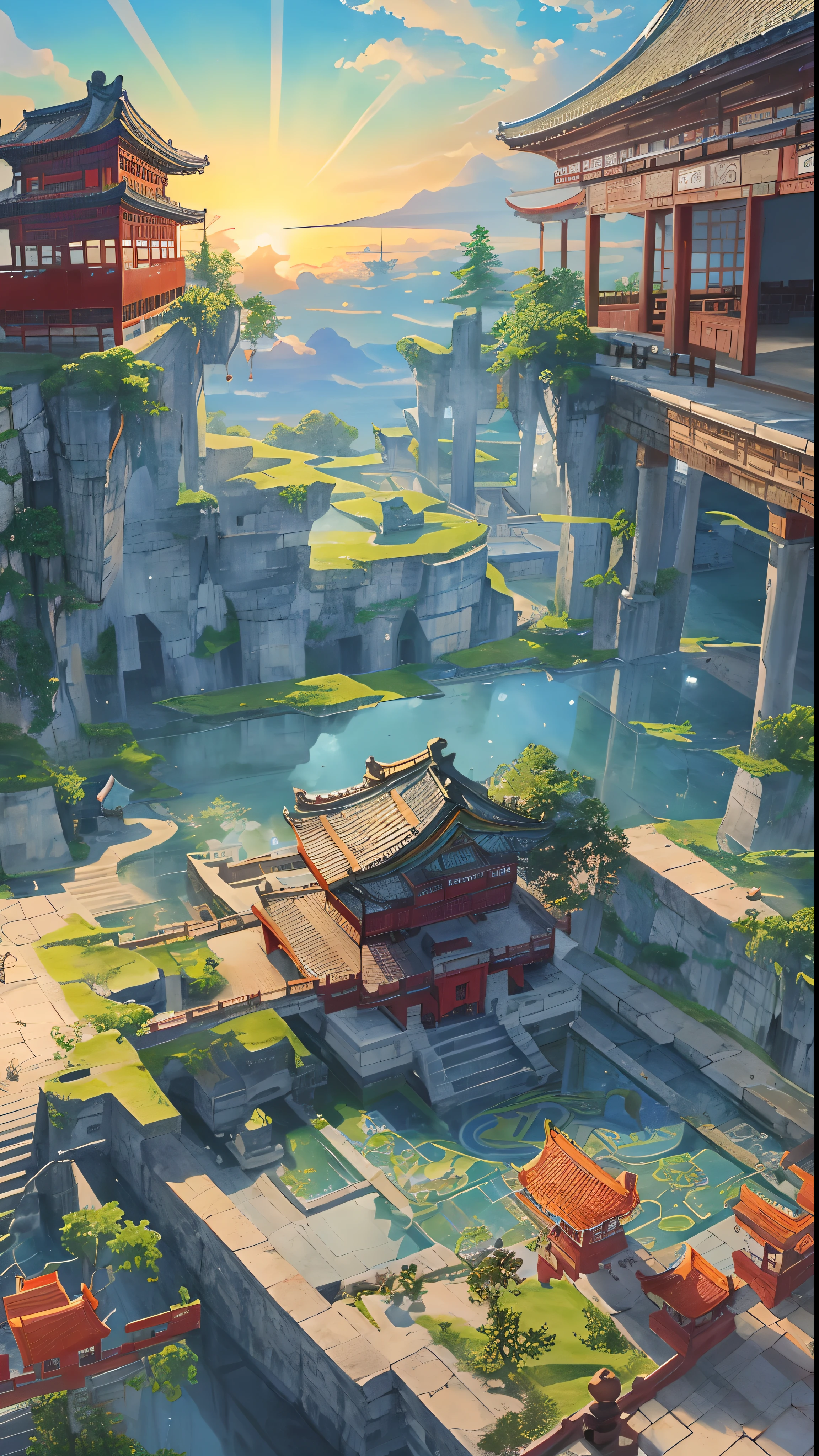 The game scene, the ancient Chinese palace is located above the clouds, surrounded by clouds and mist, majestic, glazed tiles, colorful rays of light, ((color ink)),((splash ink)),((splash ink) ink}) ), masterpiece, high quality, Refined graphics, high detail