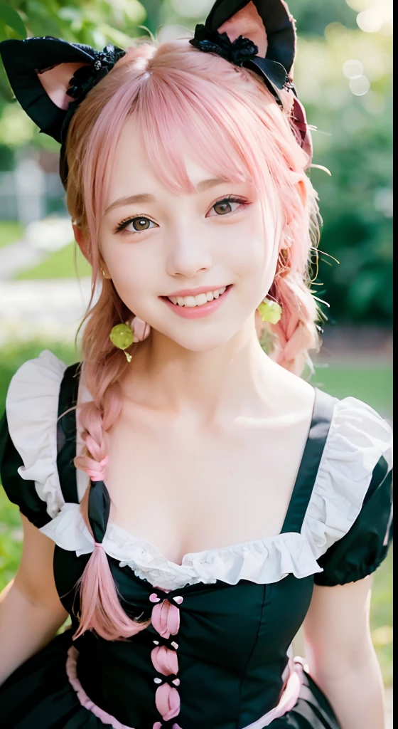 (ultra-detailliert), Cute princess dresses in black,(frilly dress),(shortsleeves),Blue eyes,The upper part of the body、a closeup、faces、(A smile:1.5),(facing front:1.2), 20yr old, teens girl,no tail,(no tail),2D, masterpiece, top-quality, Band Group Vocals, a closeup, Stand Microphone, Mouth open, A detailed eye, A detailed face, girl with, Only 1 person,Pink Hair Medium Hair, (Pink hair), Ear Hair, small tits, Single braid, (Single braid), (Side braid), Pink ribbon, Ribbon around the neck, (White sleeves), Background bokeh