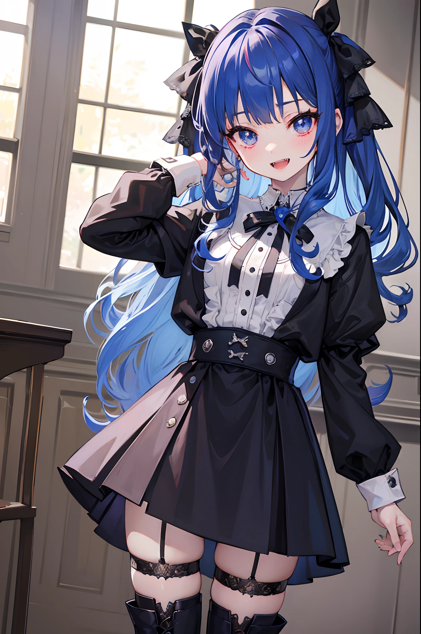 Highly detailed and realistic CG, Colorful, Masterpiece, Best Quality, magnificent, jewel-like eyes, 1girl, solo, loli, petite, cute girl, blue hair, wavy hair, gothic school uniform, black clothes, smile, standing, hand on hair, gothic ribbon, ribbon tie, classroom, small breasts, open mouth, fangs, miniskirt, gothic boots, from front, dutch angle,