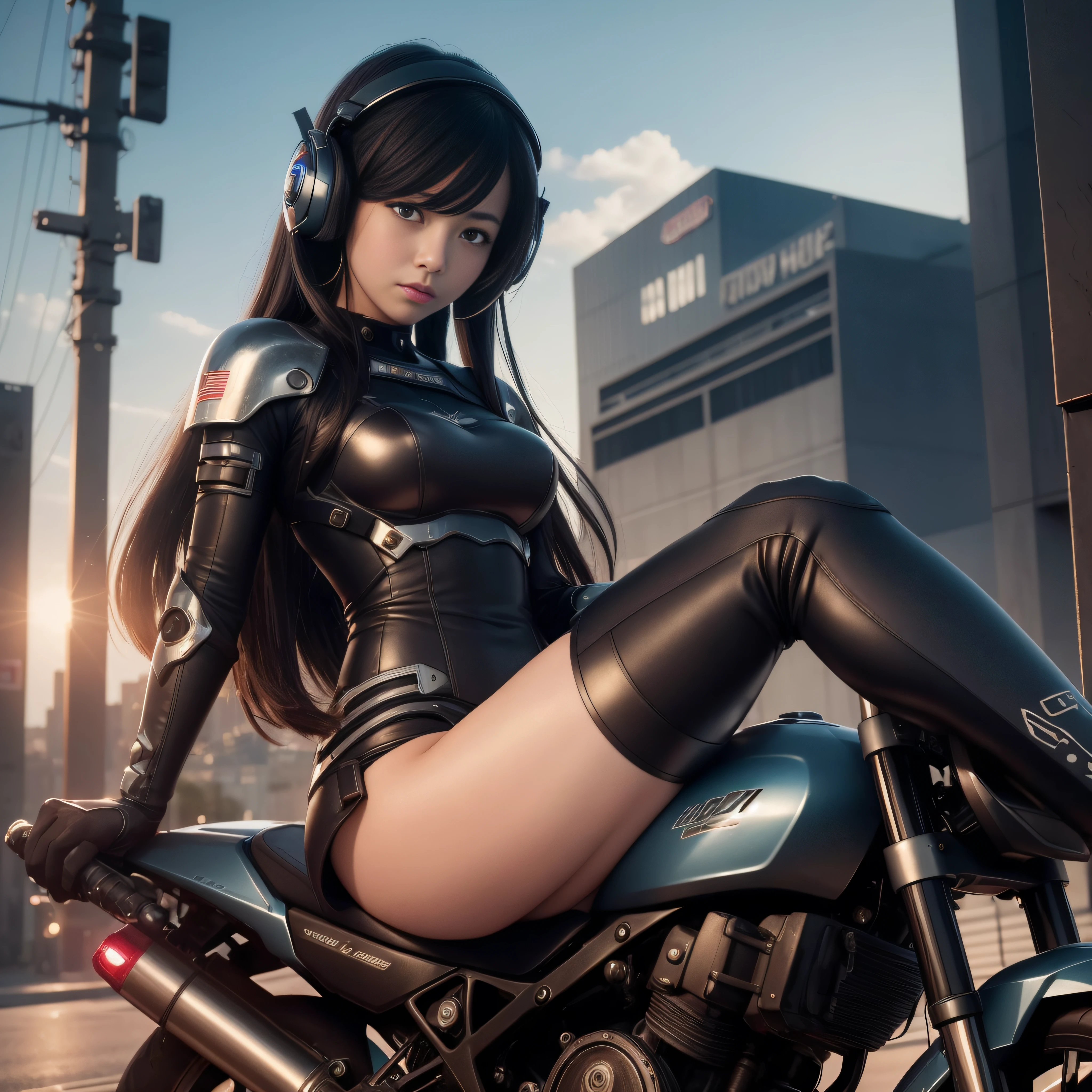 RAW image quality、8K分辨率、(((​masterpiece)))、(((top-quality)))、((ultra-definition))、(High Definition CG Illustration)、((extremely delicate and beautiful))、Anime girl sitting on a motorcycle in the city of the future, Cinematic Light、cyberpunked、steampunc、2080s、animesque、trending on artstationh、Rachel Walker、mechanized valkyrie girl, Girl in Mecha Cyber Armor