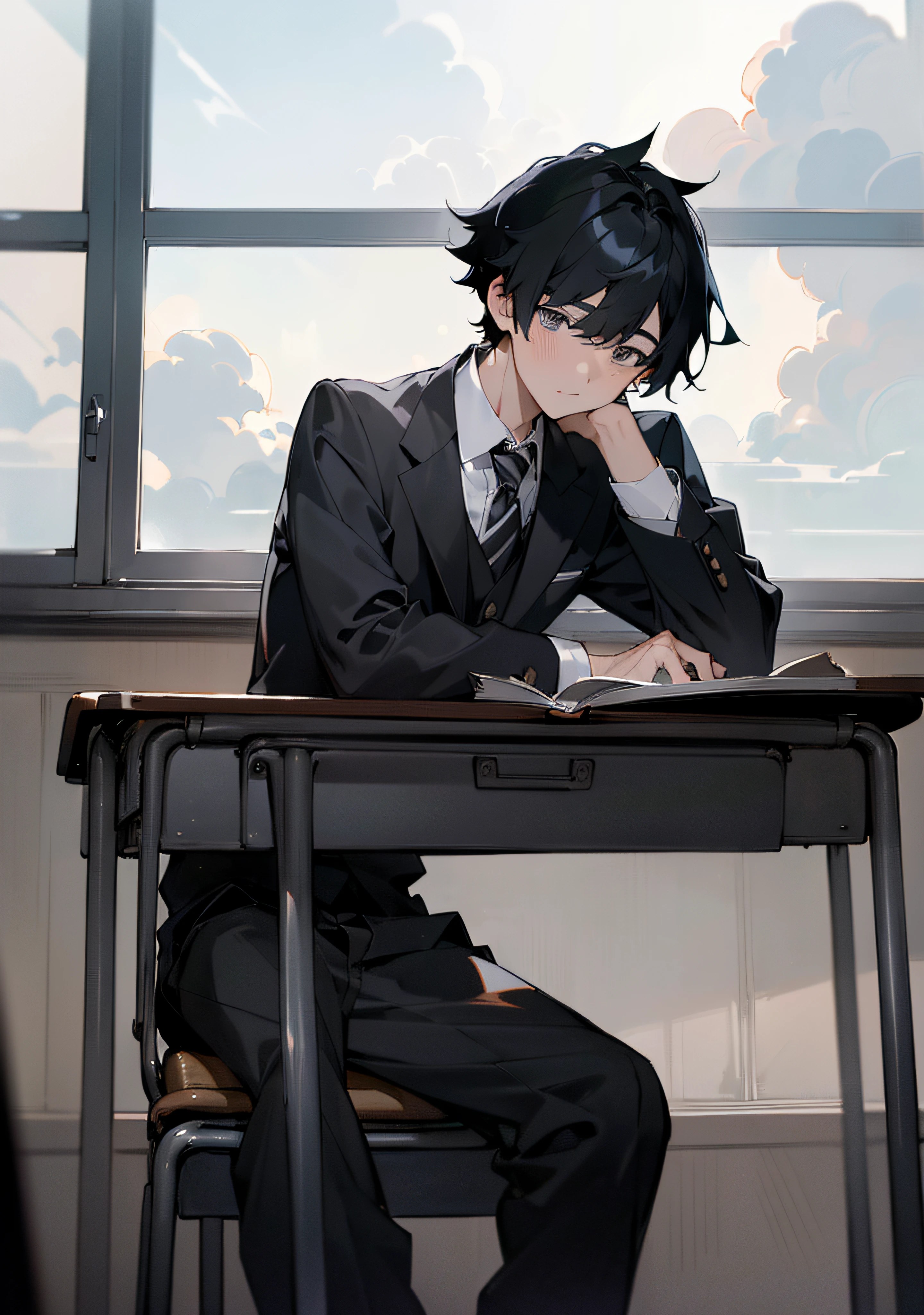(masterpiece, best quality) ultra high res, ultrasharp, 8K, masterpiece,1boy with black hair sitting in a classroom, his head down, looking down at his desk cool bangs, class in session, window seat, school uniform, anime protagonist, open book on his desk, grey eyes, cloudy sky outside window, dark atmosphere, cold setting, toned down other classmates