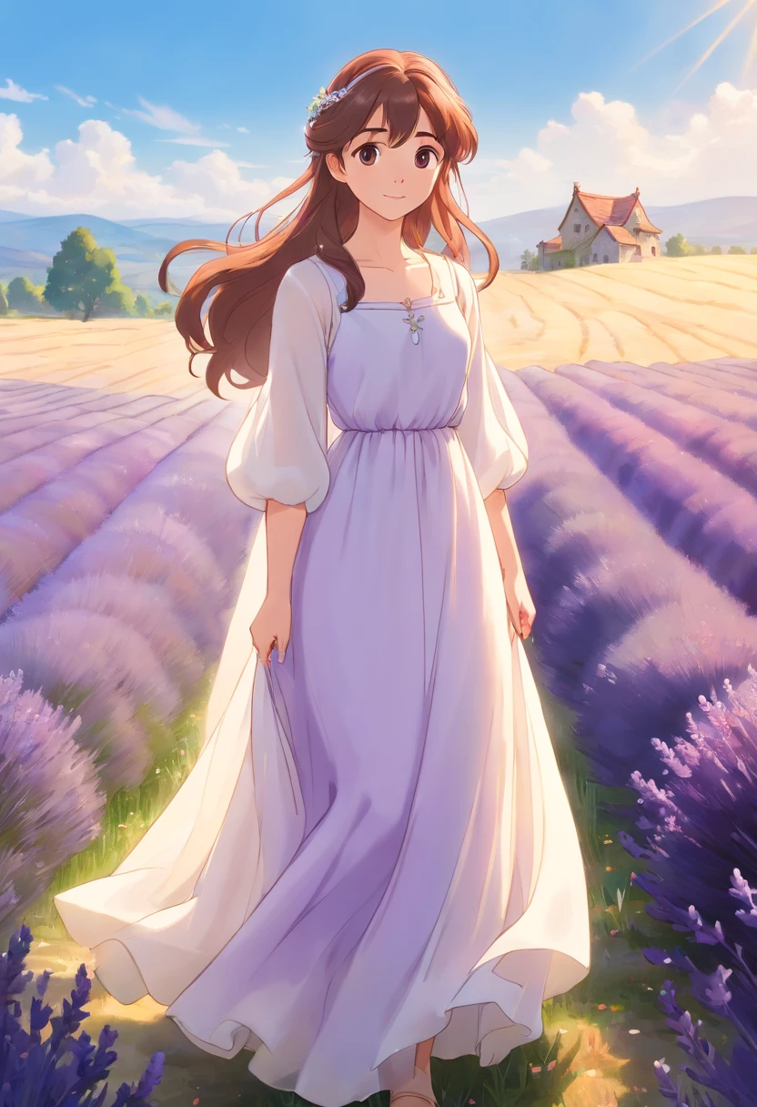 Design a photo-realistic portrait of a beautiful woman dressed in a flowing white gown, standing amongst a field of lavender. The sunlight catches the delicate details of her dress, creating a soft, ethereal glow.