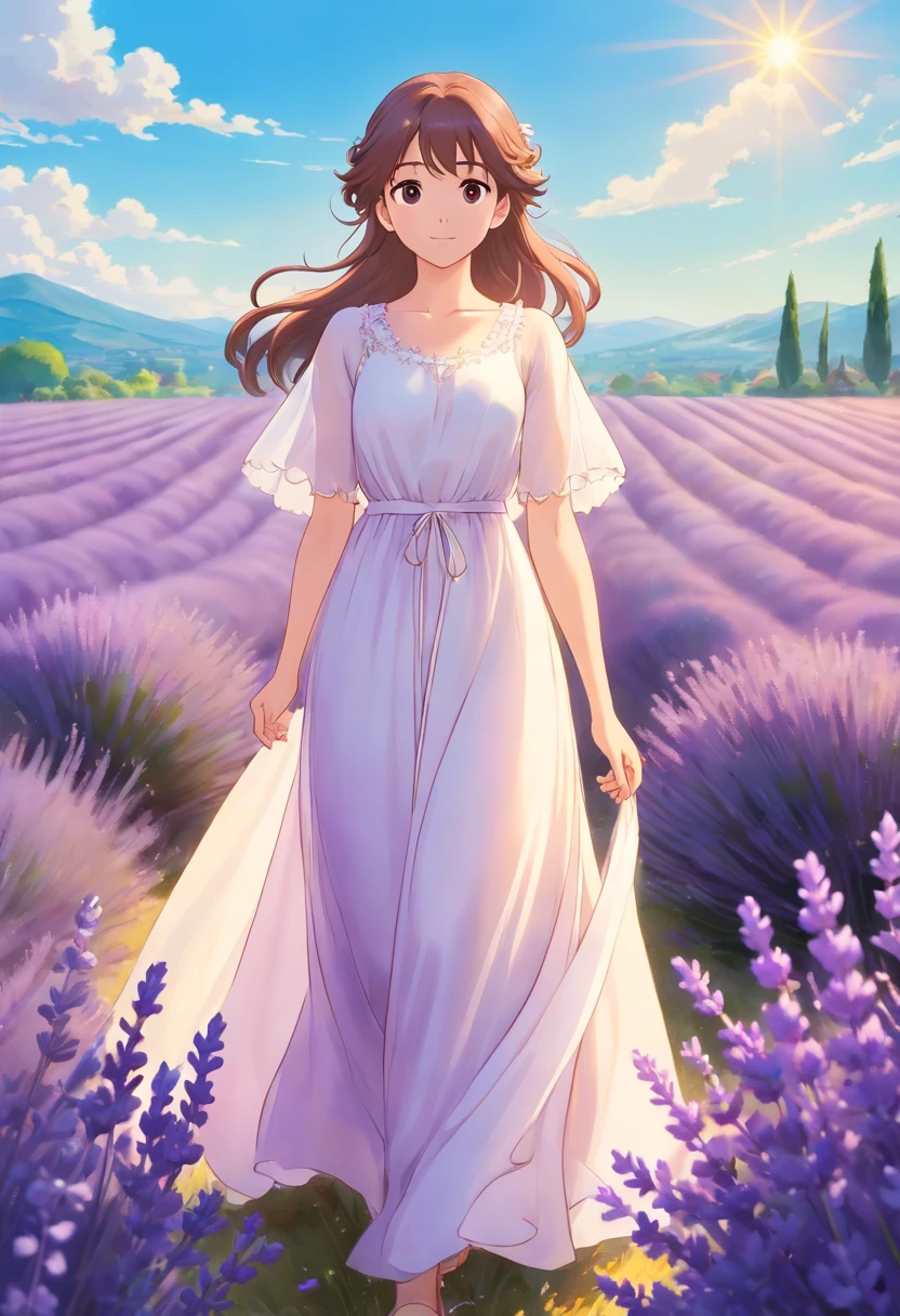 Design a photo-realistic portrait of a beautiful woman dressed in a flowing white gown, standing amongst a field of lavender. The sunlight catches the delicate details of her dress, creating a soft, ethereal glow.