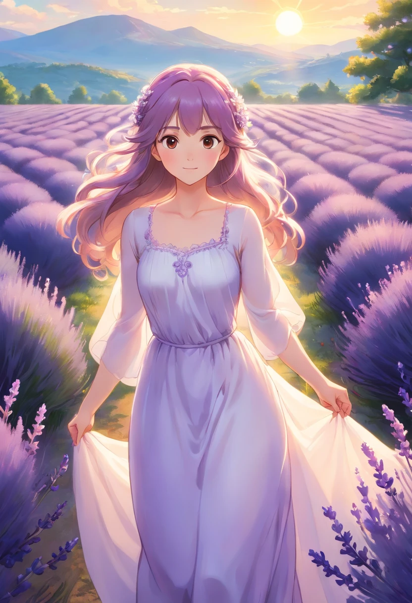 Design a photo-realistic portrait of a beautiful woman dressed in a flowing white gown, standing amongst a field of lavender. The sunlight catches the delicate details of her dress, creating a soft, ethereal glow.
