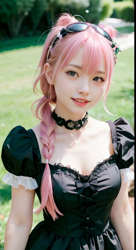 (ultra-detailliert), Cute princess dresses in black,(frilly dress),(shortsleeves),Blue eyes,The upper part of the body、a closeup、faces、(A smile:1.5),(facing front:1.2), 20yr old, teens girl,no tail,(no tail),2D, ​masterpiece, top-quality, Band Group Vocals, a closeup,  Stand Microphone, Mouth open, A detailed eye, A detailed face, girl with, Only 1 person,Pink Hair Medium Hair, (Pink hair),  Ear Hair, small tits, Single braid, (Single braid), (Side braid), Pink ribbon, Ribbon around the neck, (White sleeves), Background bokeh