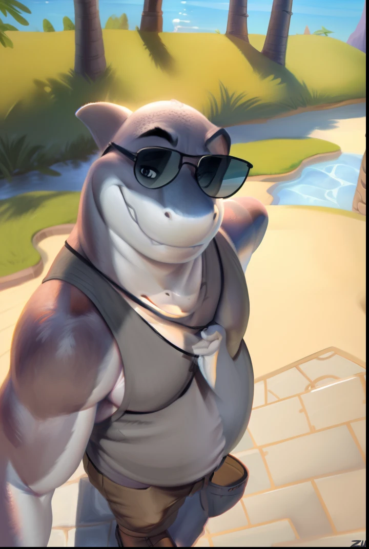 mr shark, ((plump, fat, belly)), black sunglasses, (pose:1.3), (posing:1.3), (soft shading), 4k, hi res, five fingers, detailed hands, ((detailed face, (detailed eyes:1.0), detailed)), (full body), by zackarry911, by zaush, (by personalami:0.5),  looking at viewer, grey shirt sleeveless, 1boy, yellow shorts, male focus,brown sandals , dog tags, giant head, huge head, big head