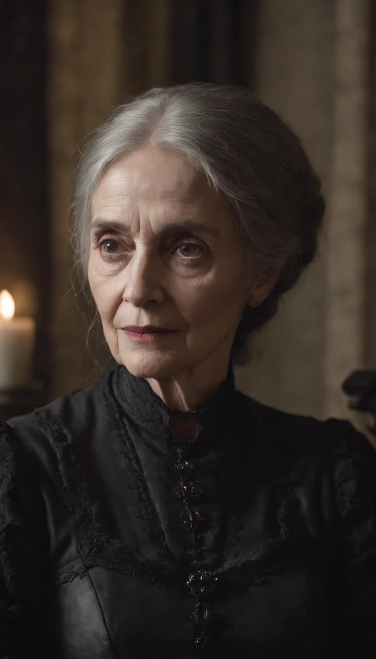 senhora, Half Body Sitting Gothic Clothes And Old And Unkempt Looking Looking Forward In 2023, 70 anos, velho, Detalhes em cinza,estilo realista