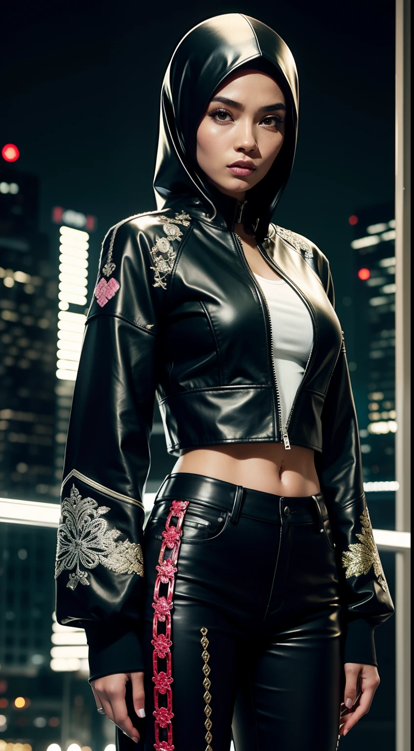 Capture the Malay woman's bold fashion statement as she dons an urban samurai-inspired outfit. She wears a sleek, black leather kimono-style jacket with intricate silver embroidery, paired with tailored pants. Her hijab features a modern twist with metallic accents. She stands amidst a futuristic cityscape at night, holding a katana with a neon glow. The juxtaposition of traditional and contemporary elements creates a visually striking and edgy portrait