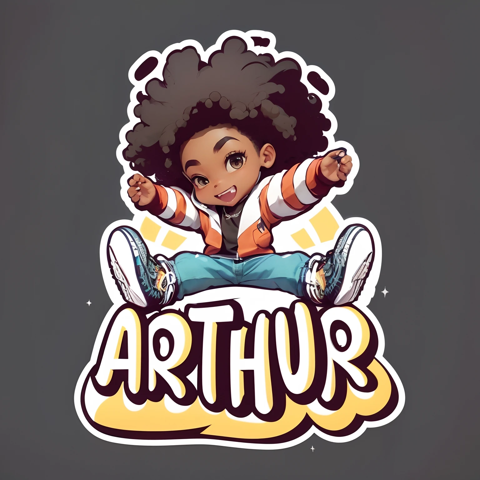 Garoto Chibi vestido com jaqueta preta e branca, Denim Jeans Pants, sneakers Nike, cabelo afro curto, olhos pretos, Is standing on the name: Arthur " texto com, foto, poster, 3D-rendering, tipografia, moda, anime, fantasia sombria