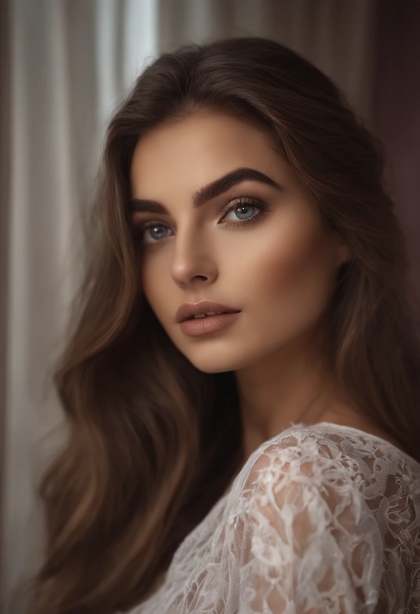 Arafed woman completely , fille sexy aux yeux bruns, ultra realist, Meticulously detailed, Portrait Sophie Mudd, cheveux bruns et grands yeux, selfie of a young woman, Dubai Eyes, Violet Myers, sans maquillage, maquillage naturel, looking straight at camera, Visage avec Artgram, Maquillage subtil, Great photo of the whole body kneeling on the bed, dans la chambre, Medium to large bust