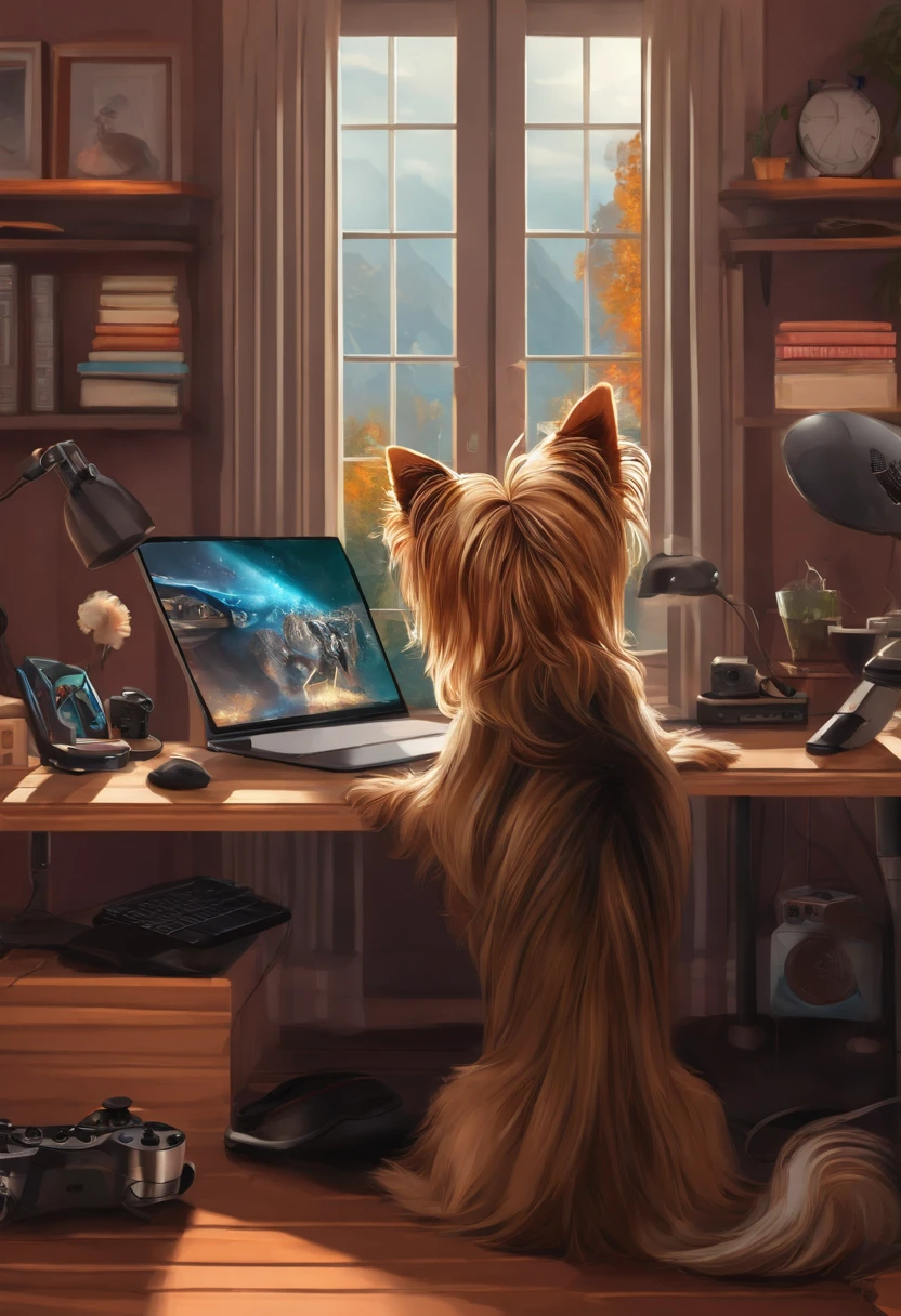 um quarto de trabalho com computador gamer, com mulher parda de cabelos longos e pretos com fones de ouvido utilizando a mesa com uma cachorro yorkshire terrier (pelos loiros e pretos) ao lado da mesa
