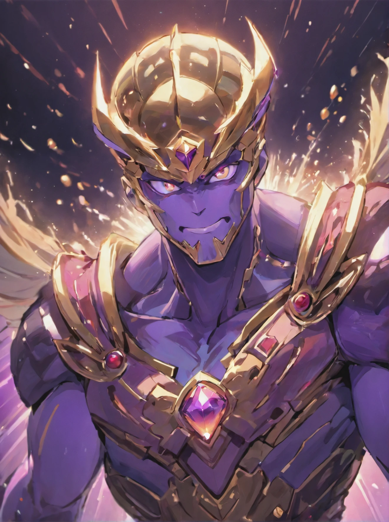 (a)Thanos,(best quality,highres,masterpiece:1.2)portrait,serious expression,dark background,vivid colors,sharp focus,ultra-detailed,glowing eyes,angry and determined,armor,crown,Infinity Gauntlet,powerful,badass pose,cracked skin,eternal,cosmic energy,menacing presence,purple and gold color scheme,bokeh lighting.