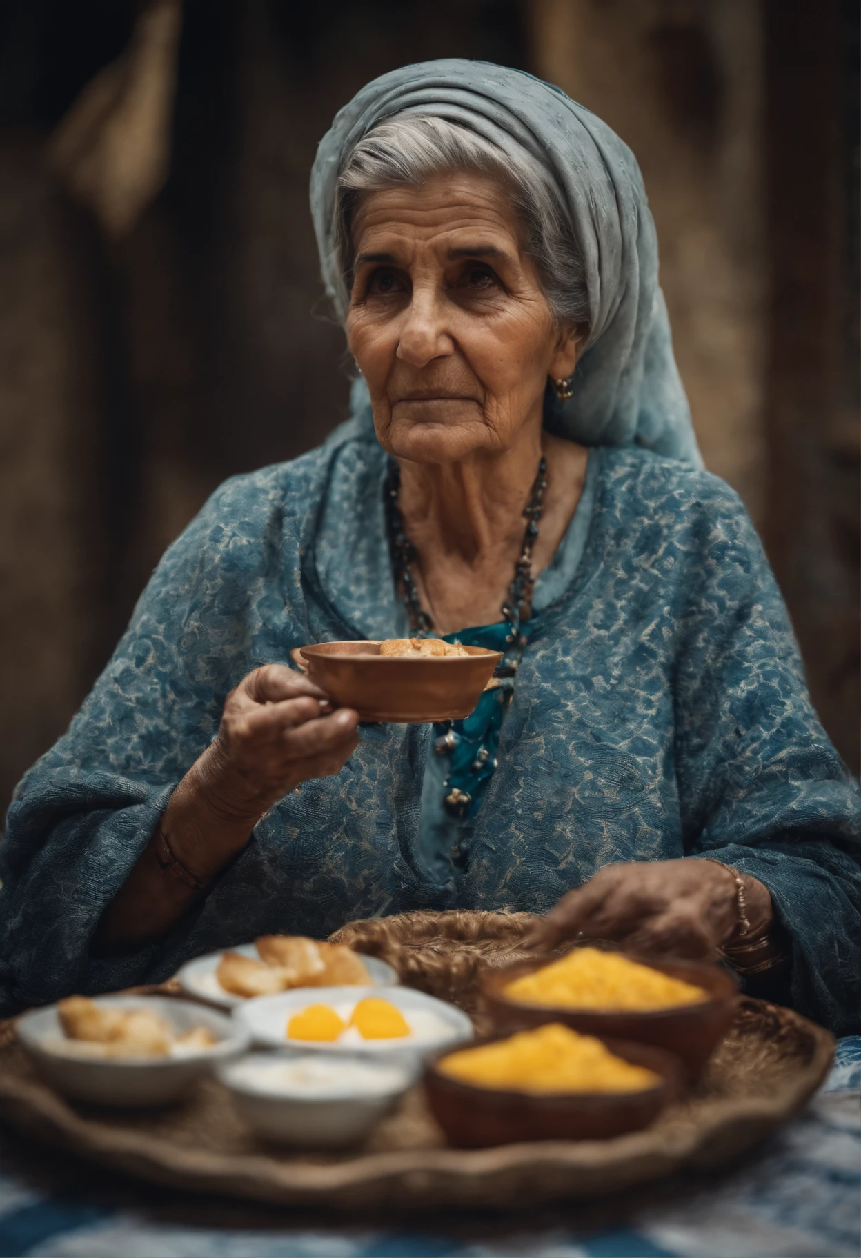 An old mother holding a Moroccan breakfast tray , lunette , les cheveux voilait musulmane
