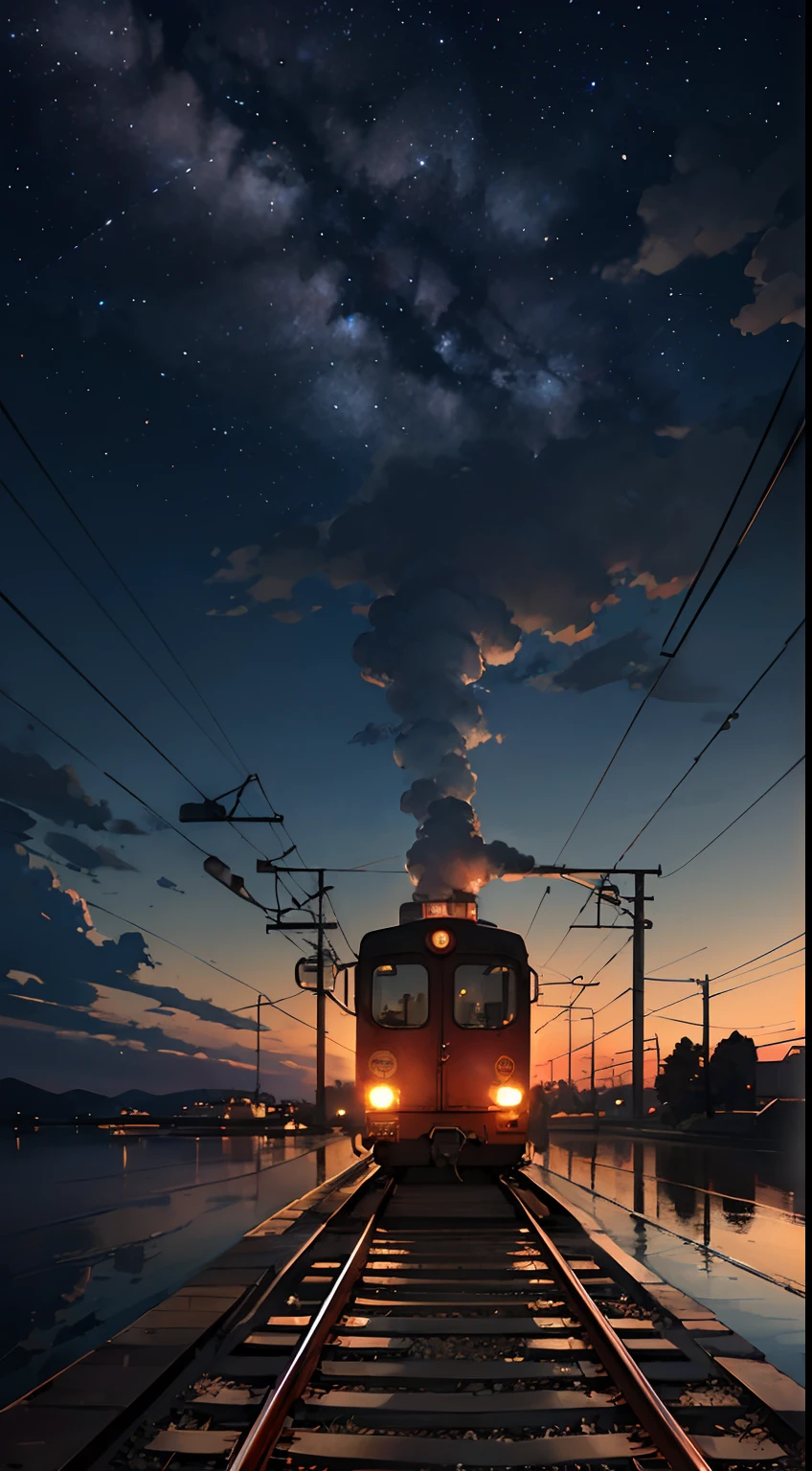 anime of a train traveling under a late afternoon sky, anime desenho, imagem encantadora, Realismo, Price Range Lidissima, rico em detalhes, 16k alta nitidez, Arte de Anime, papel de parede,.Linda, Dagua blade on the ground reflecting the sky, imagem real, Cena de uma chuva passageira.